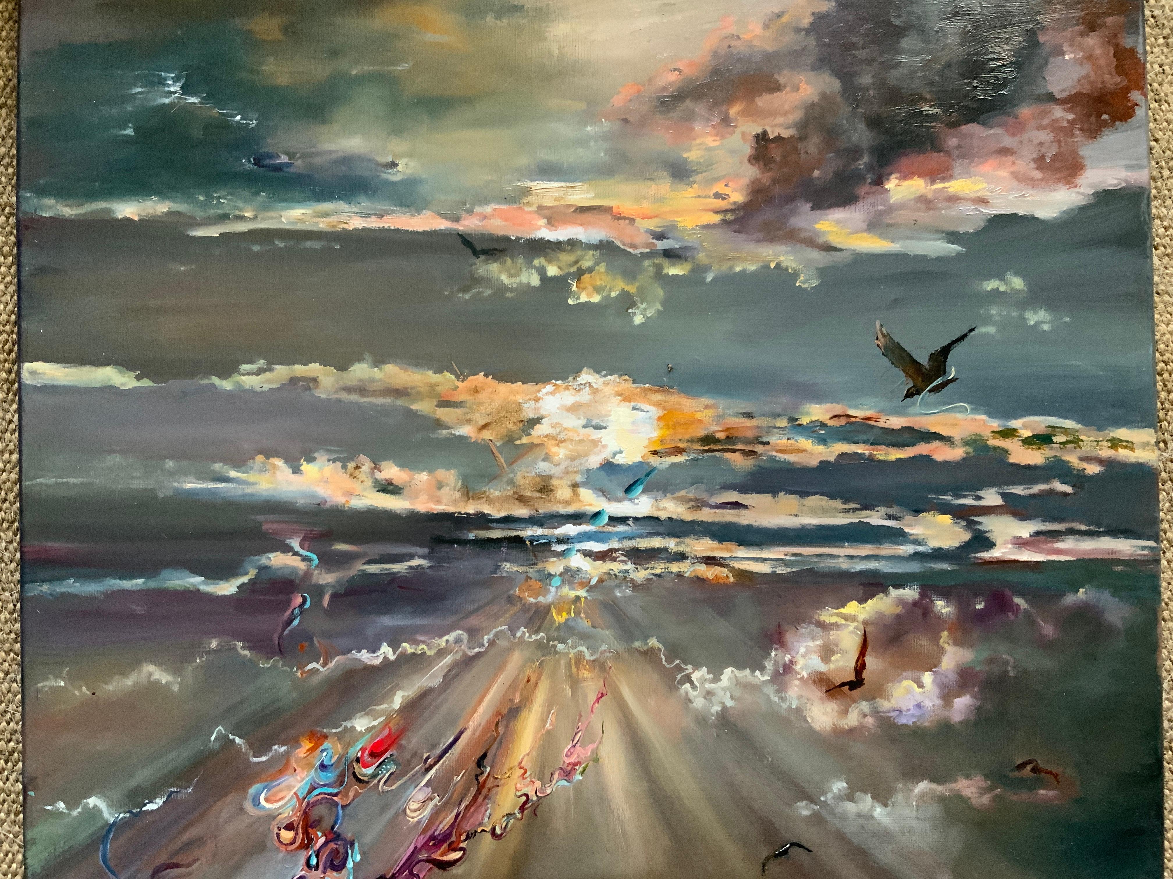 Seagulls play at a beautiful sunset, in flight and weightlessness, as a symbol of independence and freedom from the problems of humanity. The painting, due to the balanced ratio of cold and warm colors, changes its hue and, with natural