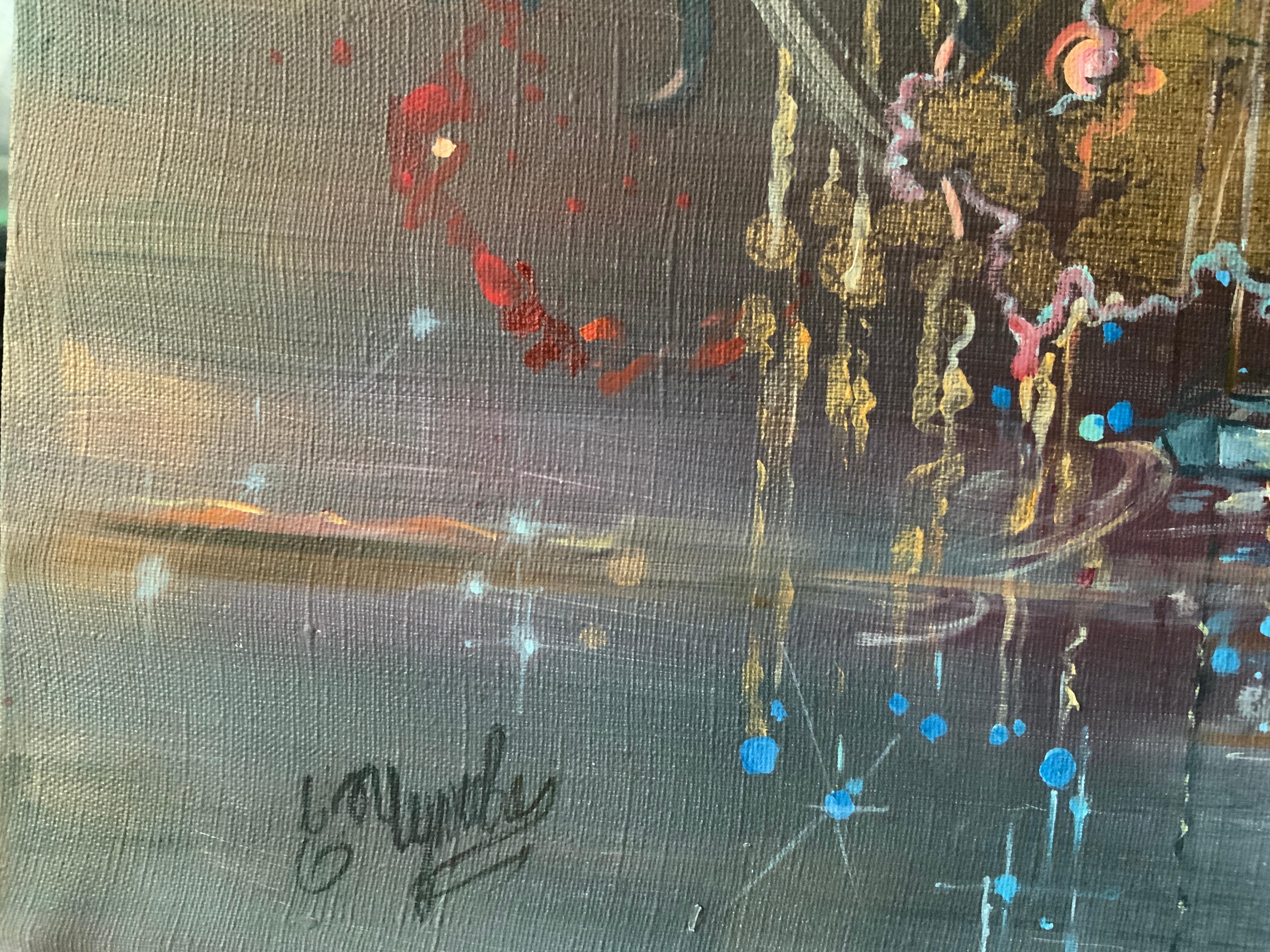 Un bellissimo quadro d'interni realizzato nello stile dell'astrazione con elementi realistici, navi e un paesaggio lunare. Le navi sono sempre un simbolo per l'artista, un'aspirazione, una ricerca e una speranza.