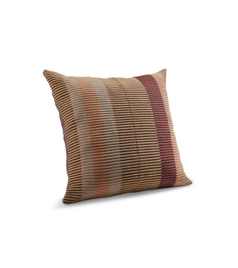 Chumbes Pillow 2 by Mae Engelgeer. 
Materials: 100% Cotton. 
Technique: Hand-woven in Colombia. 
Dimensions: W 80 x H 80 cm 
Available in colors: Lila/ brick/ gold/ terra. Also available in sizes: Small, Large, and Cylinder Pillow.

The