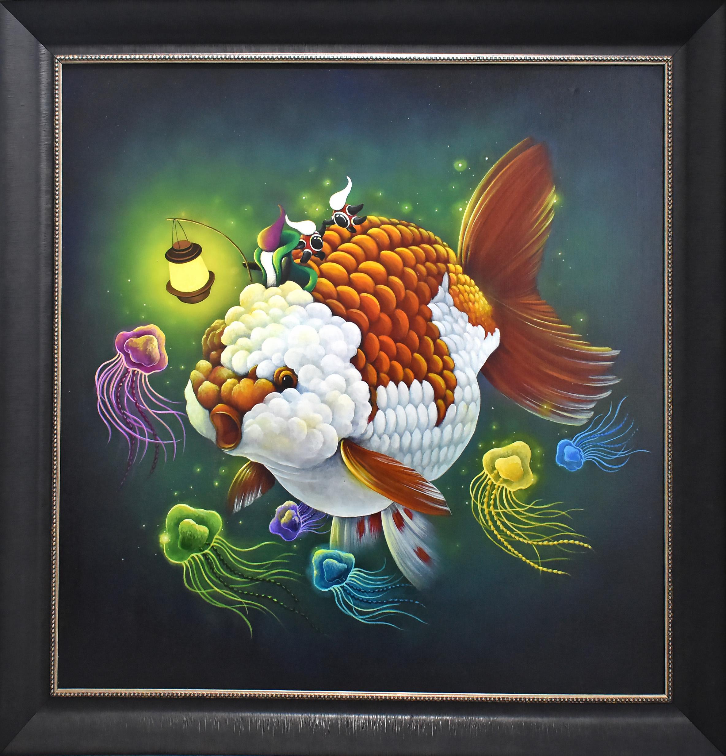 The Eternal Journey, Yu Yu reitet auf dem Goldfisch und hält eine Laterne zur Erkundung – Painting von Chun Yu