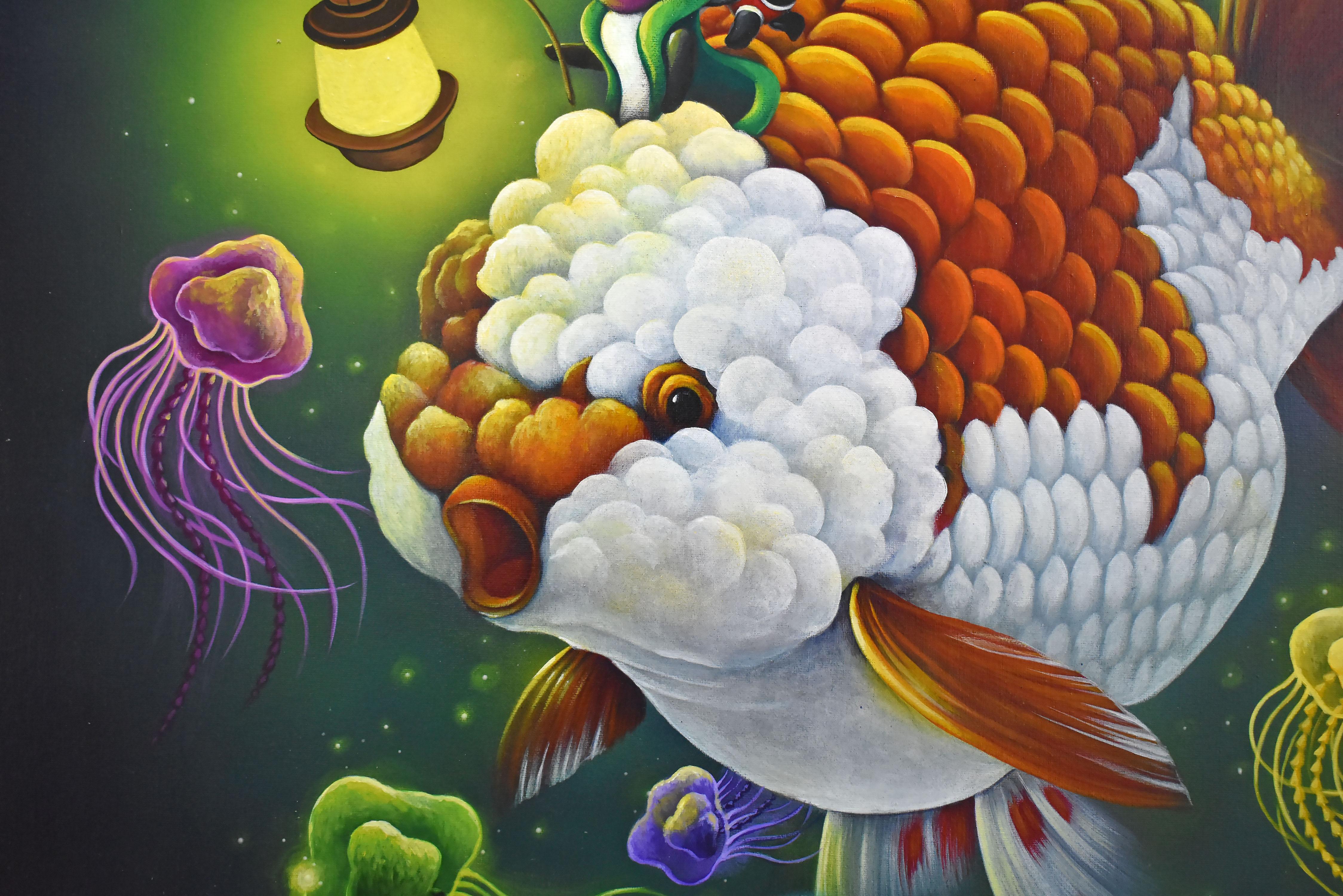 The Eternal Journey, Yu Yu reitet auf dem Goldfisch und hält eine Laterne zur Erkundung (Schwarz), Animal Painting, von Chun Yu