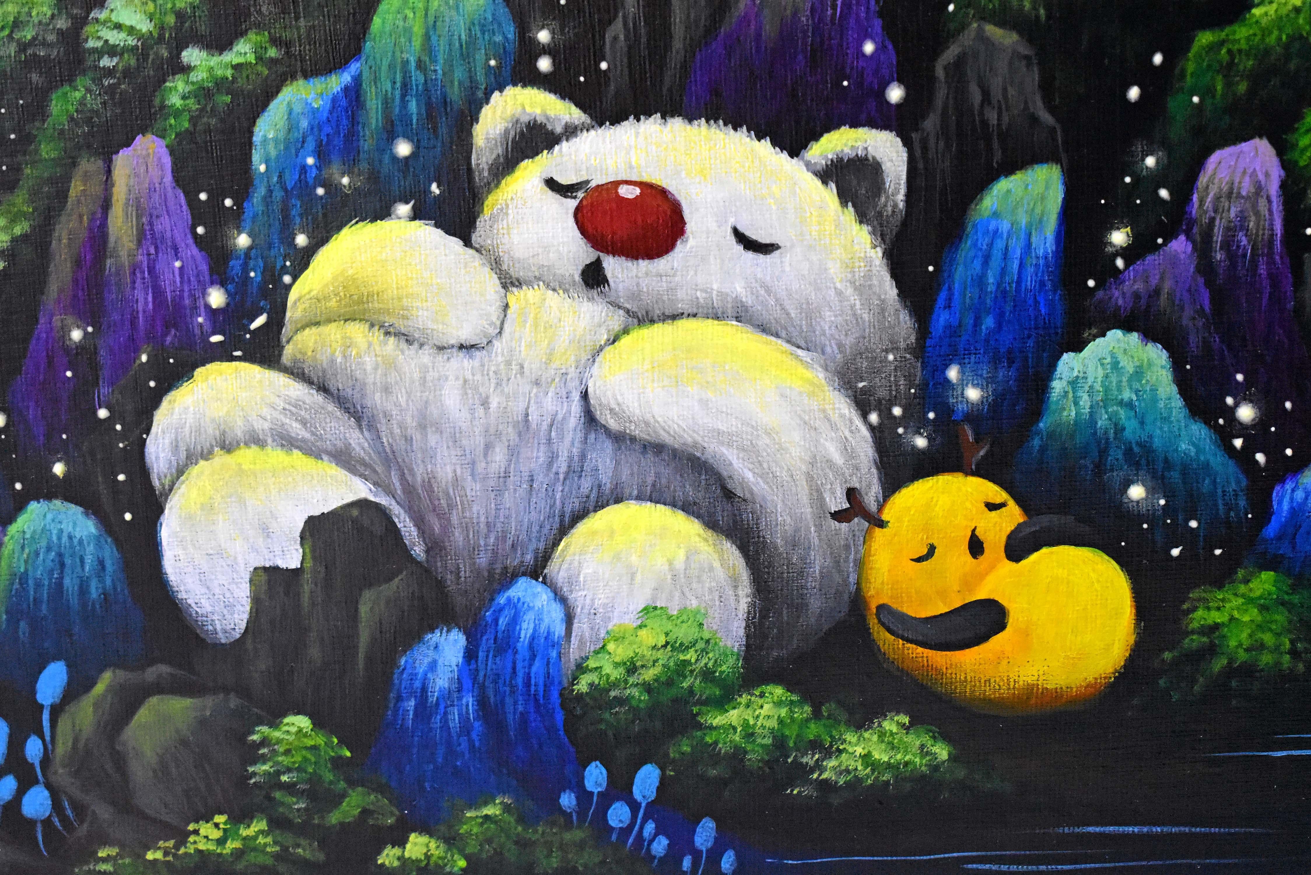 Serenity - Yu & Polar Bear unter dem Mondlichtbaum (Pop-Art), Painting, von Chun Yu