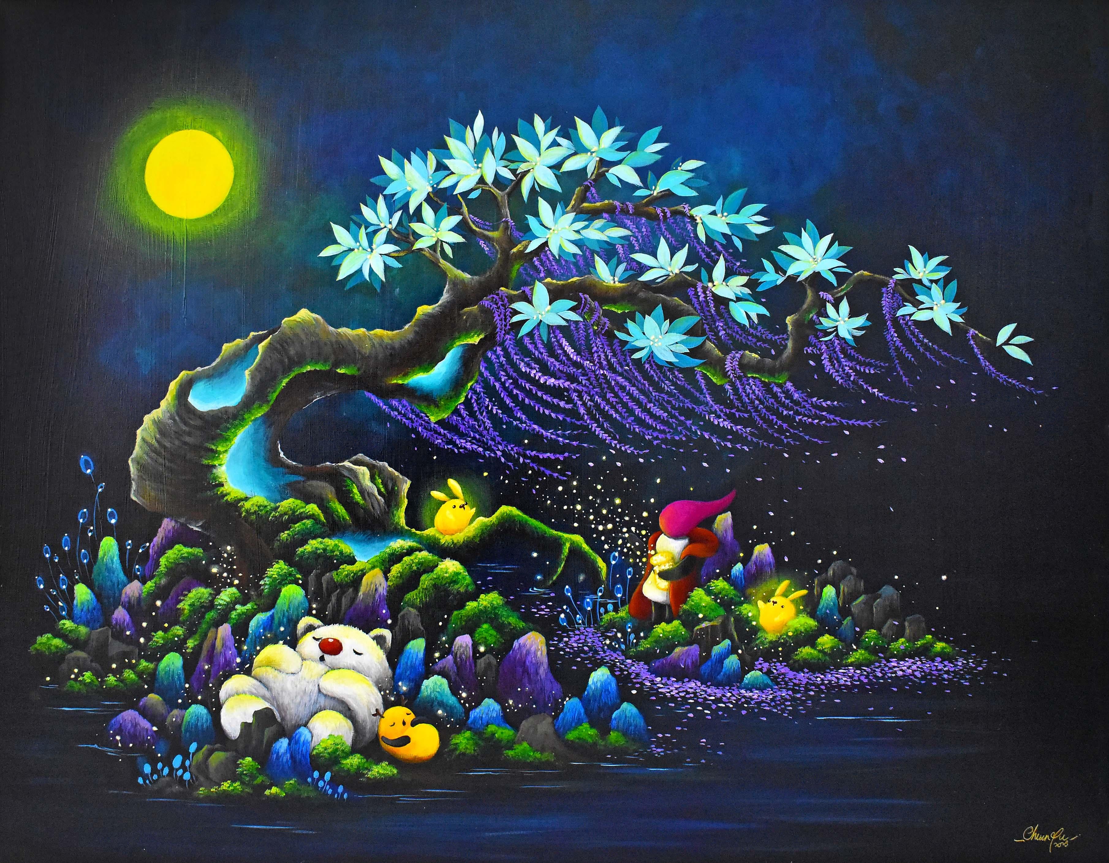 Chun Yu Landscape Painting - Serenity - Yu Yu & Polar Bear under the Moonlight tree 