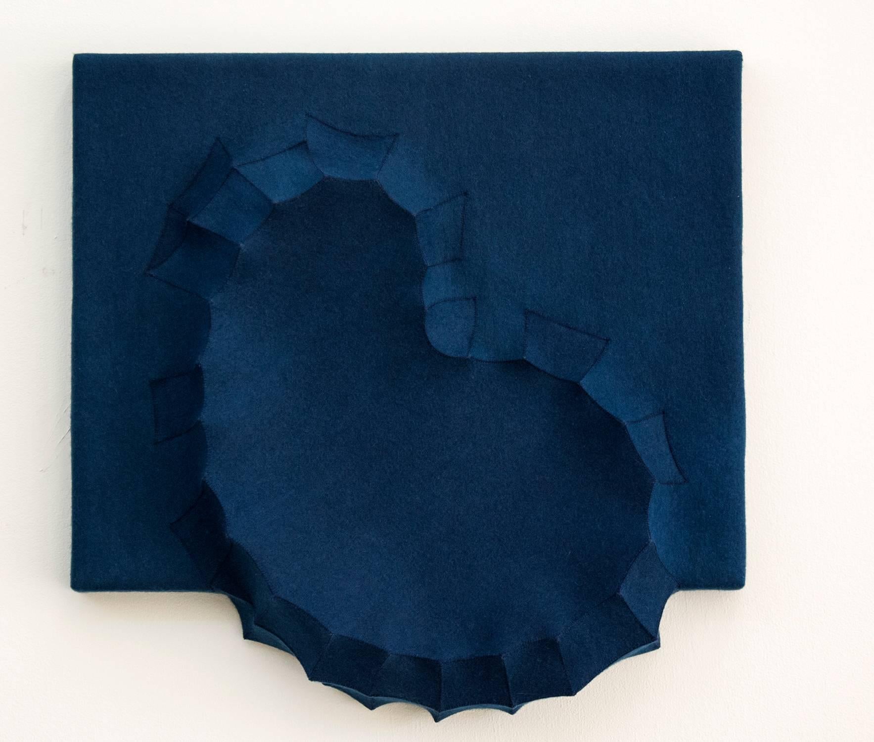Blue Crater - small, blue, geometrical, 3D, felt, fabric, biomorphic, wall art - Sculpture by Chung-Im Kim