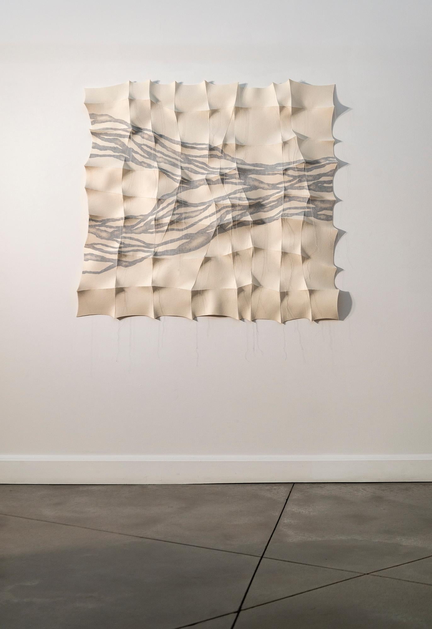 Gangmul - white, textured, biomorphic, abstract, industrial felt wall sculpture - Painting by Chung-Im Kim