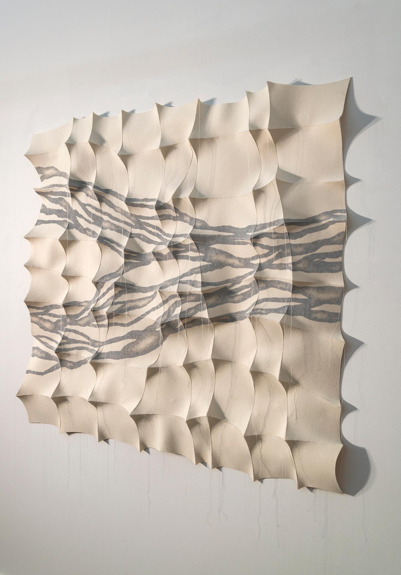Gangmul - white, textured, biomorphic, abstract, industrial felt wall sculpture - Contemporary Painting by Chung-Im Kim