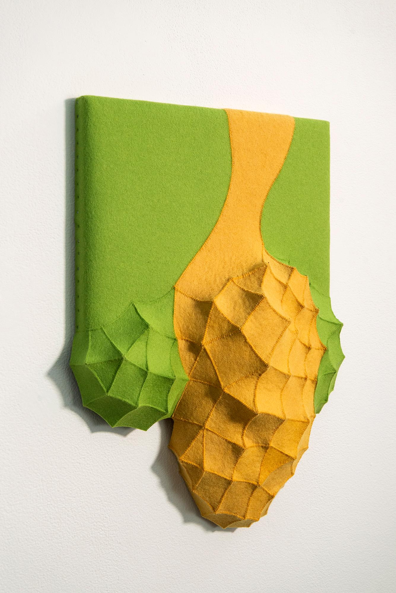 Hyang #1 - green, yellow, abstract, contemporary, industrial felt wall sculpture - Contemporary Mixed Media Art by Chung-Im Kim