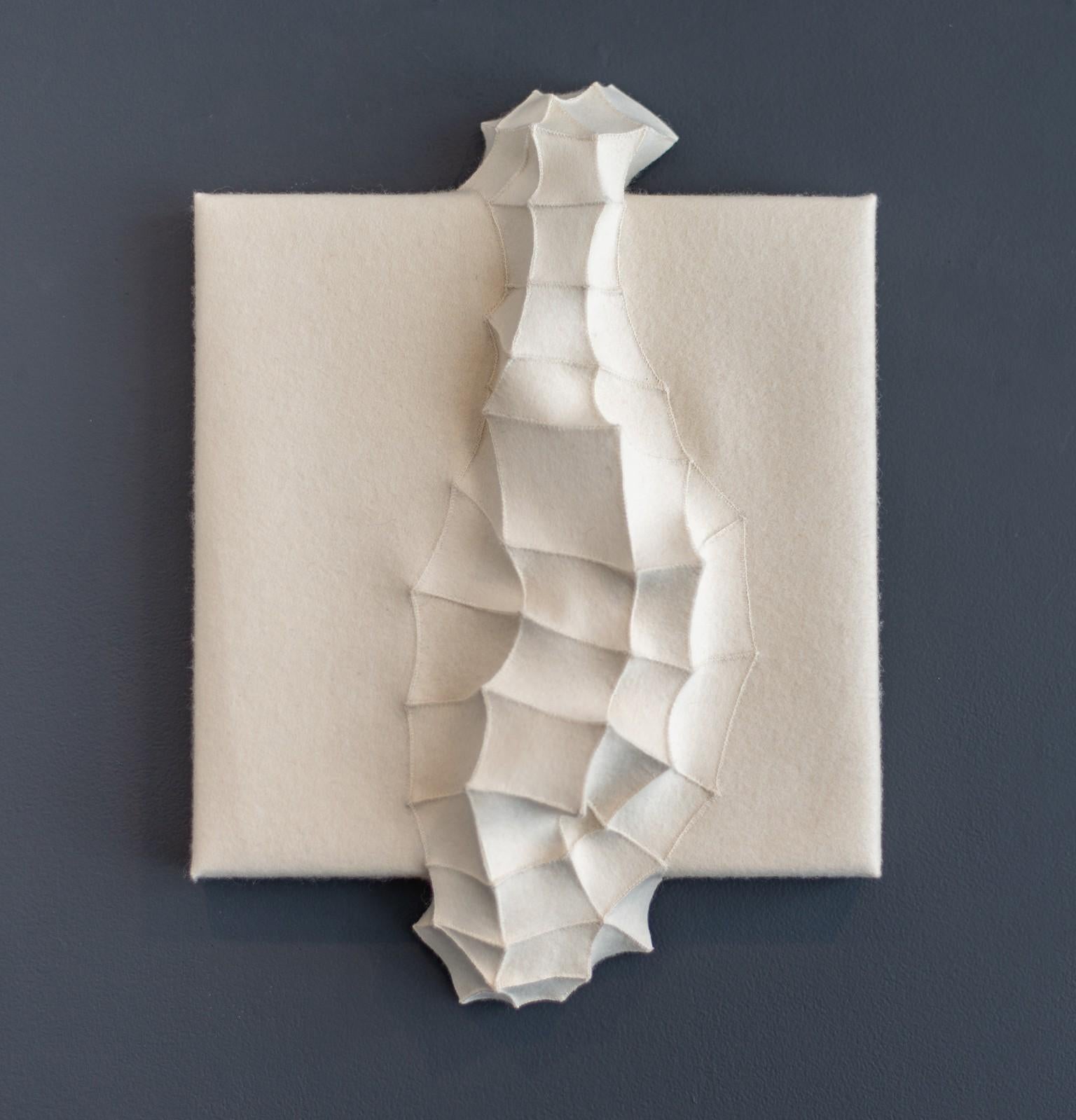 Chung-Im Kim Abstract Sculpture - Mutation 10 - small, white, geometrical, 3D, felt, fabric, biomorphic, wall art