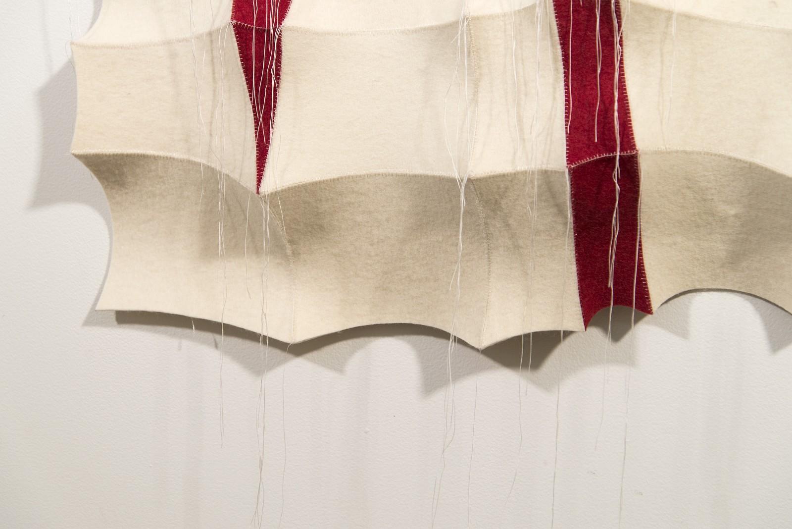 Tumsae 7 - red, white, pattern, wall hanging, 3D, felt, textile, tapestry - Beige Abstract Sculpture by Chung-Im Kim