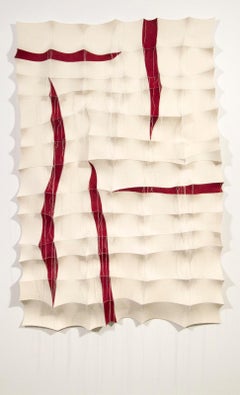Tumsae 7 - red, white, abstract, contemporary, industrial felt wall sculpture