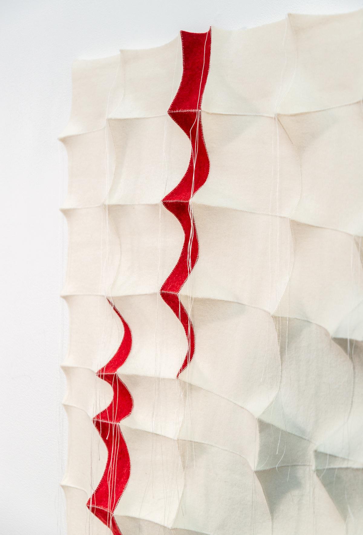 Tumsae No 1 - red, white, pattern, 3D, felt, textile, tapestry, wall hanging For Sale 7