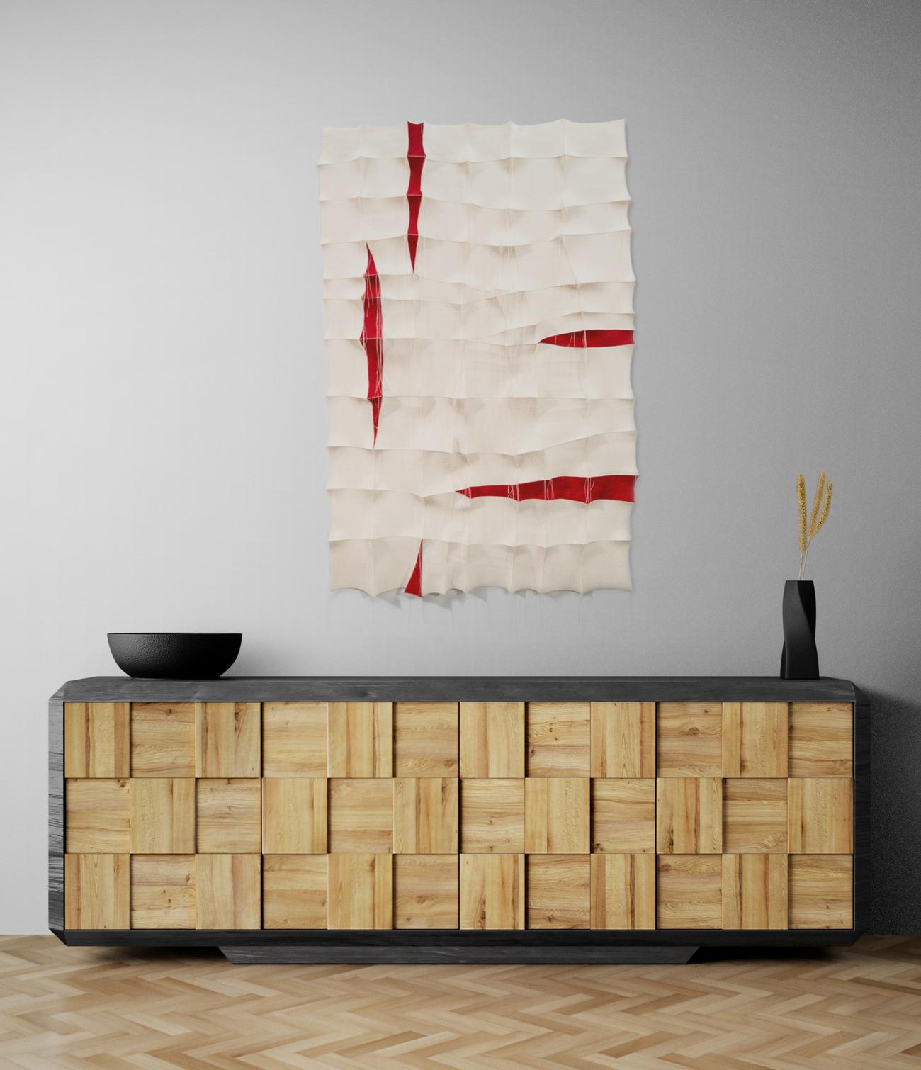 Tumsae No 1 - red, white, pattern, 3D, felt, textile, tapestry, wall hanging For Sale 11