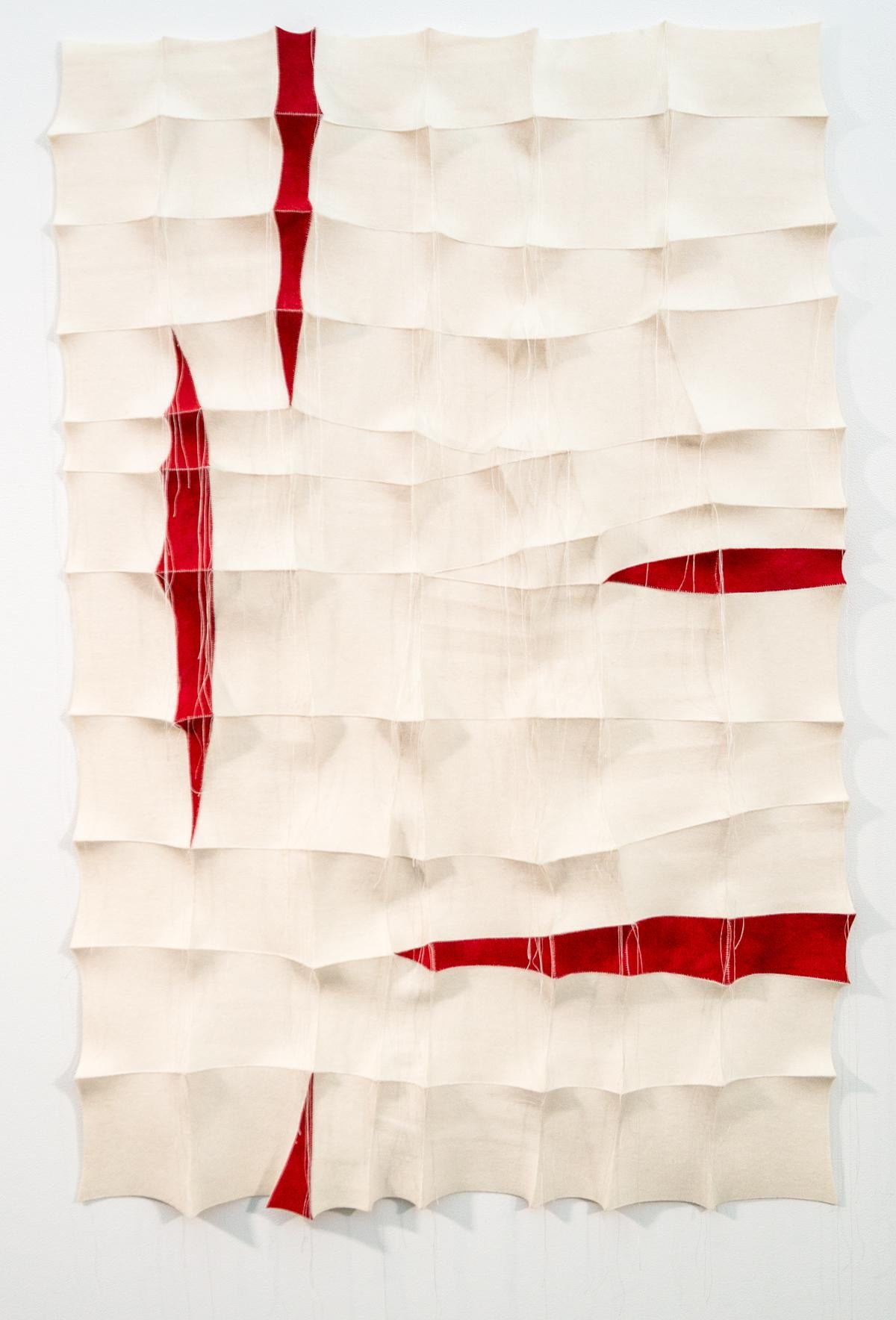 Tumsae No 1 - red, white, pattern, 3D, felt, textile, tapestry, wall hanging