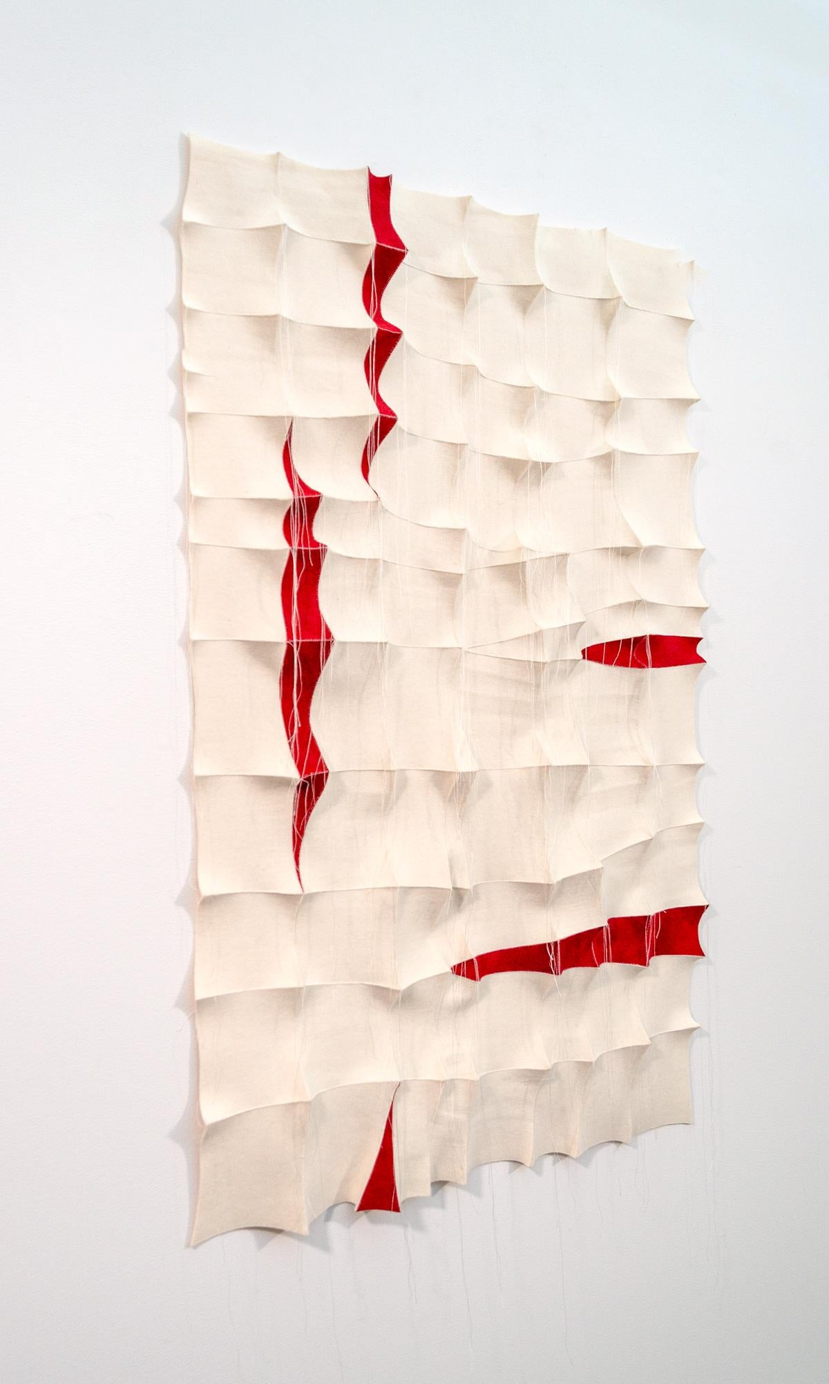 Tumsae No 1 - rouge, blanc, motif, tenture murale, 3D, feutre, textile, tapisserie - Contemporain Mixed Media Art par Chung-Im Kim