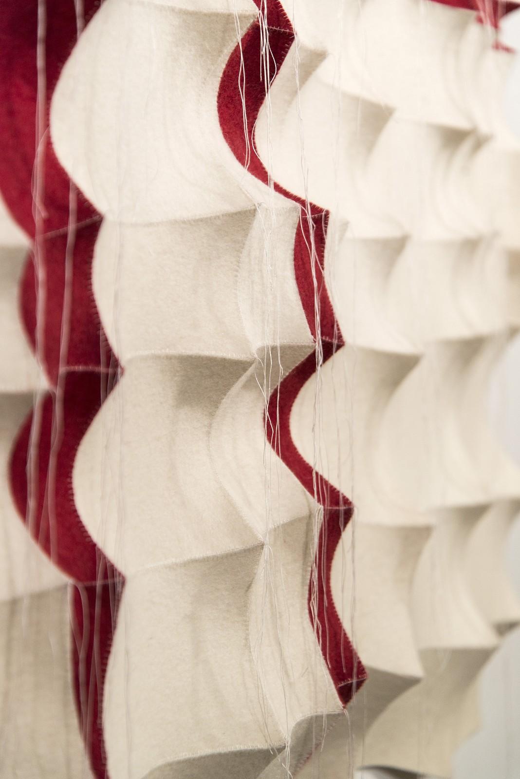 Tumsae No 7 - red, white, abstract, contemporary, industrial felt wall sculpture - Contemporary Sculpture by Chung-Im Kim