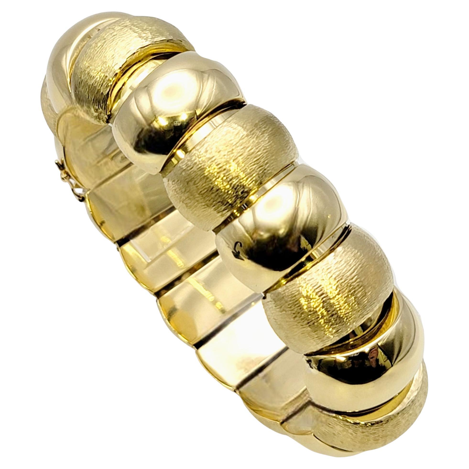 Chunky 18 Karat Yellow Gold Polished and Brushed Flexible Cuff Bracelet 