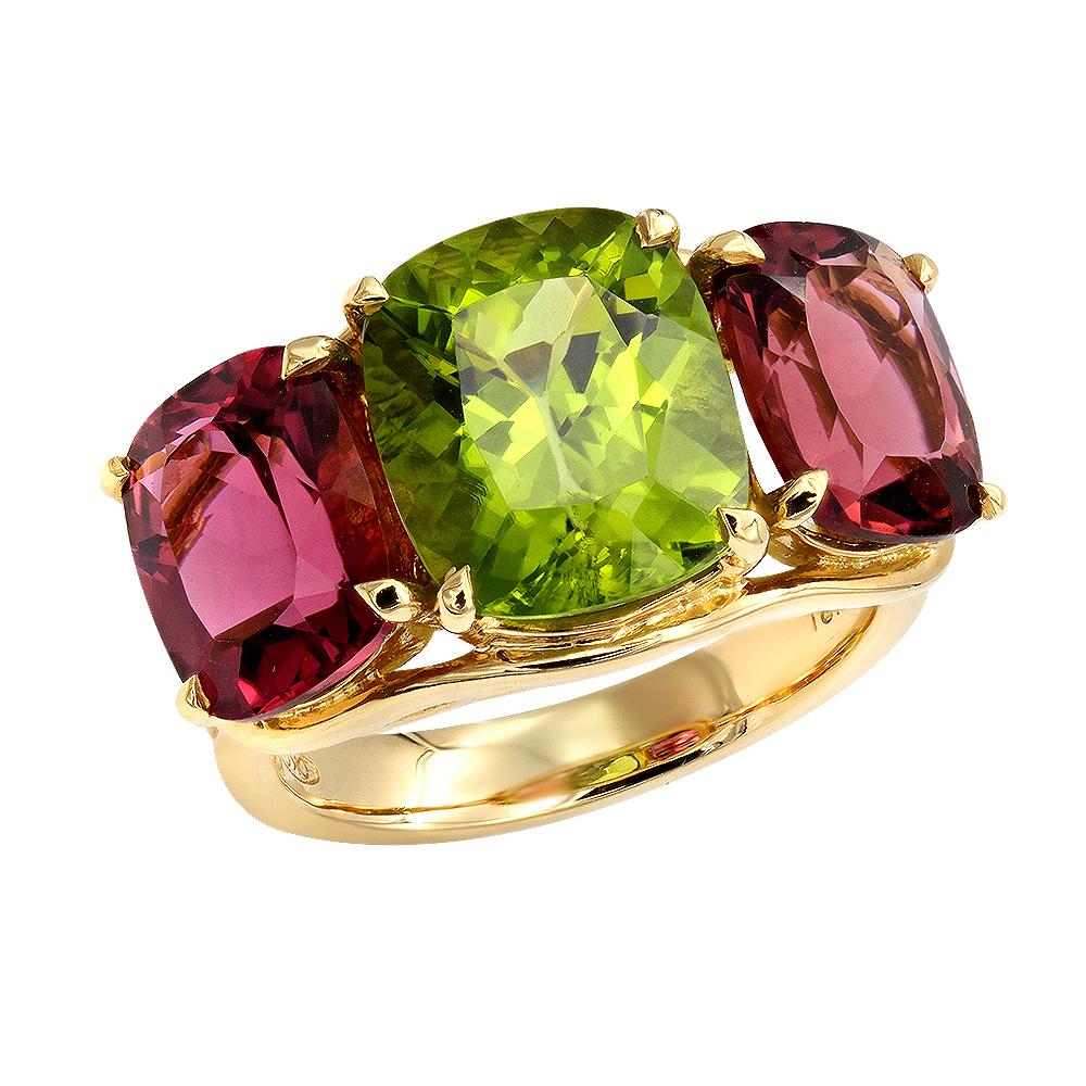 Chunky 5.95 Carat Peridot 6.05 Carat Two-Pink Tourmalines Three-Stone Ring For Sale