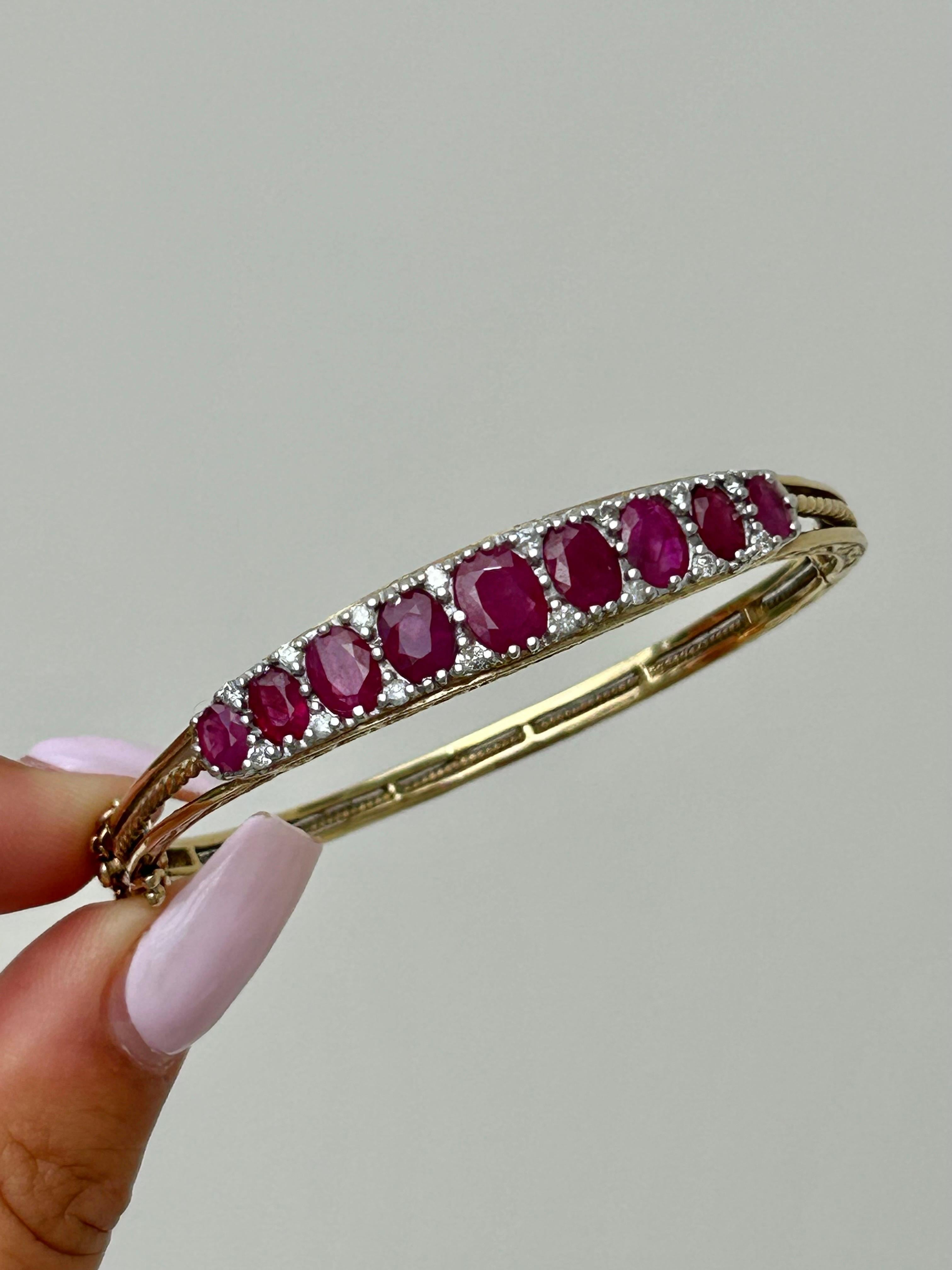 Women's or Men's Chunky 9ct Yellow Gold Ruby and Diamond Bangle Bracelet 
 For Sale