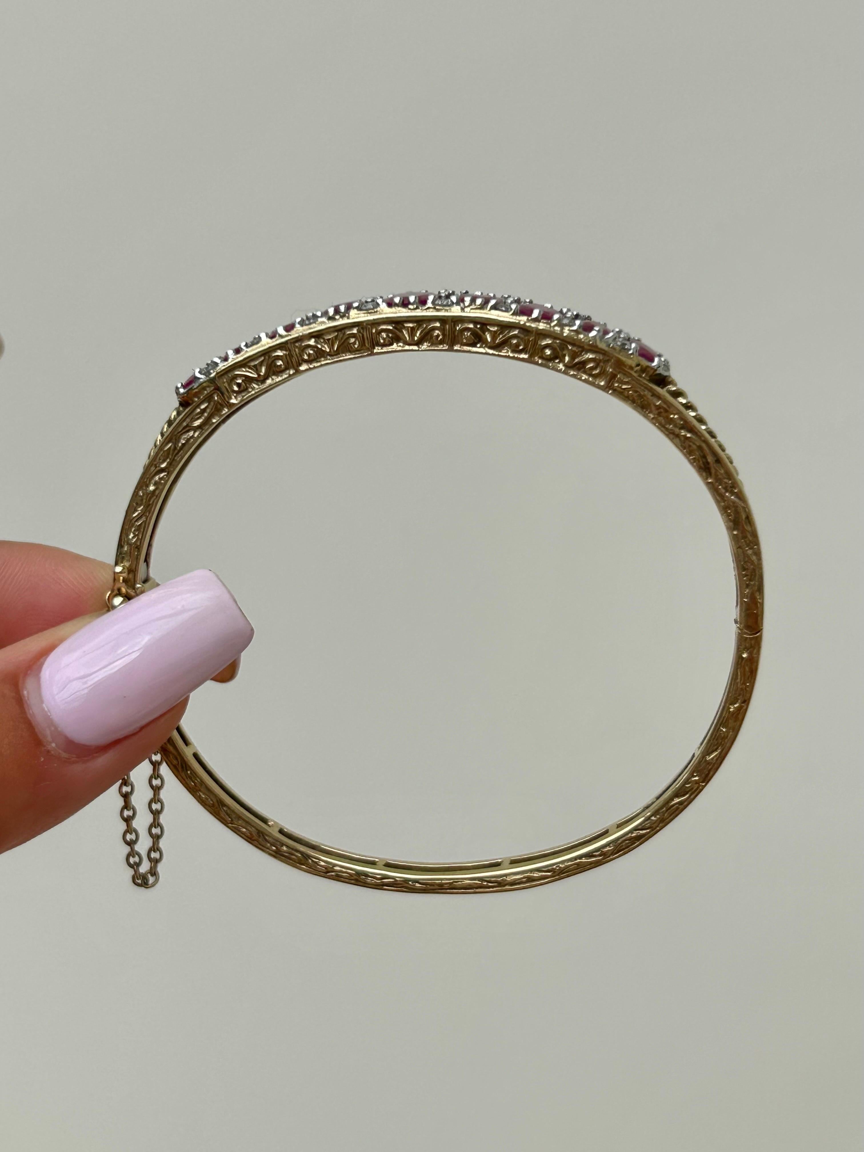 Chunky 9ct Yellow Gold Ruby and Diamond Bangle Bracelet 
 For Sale 2