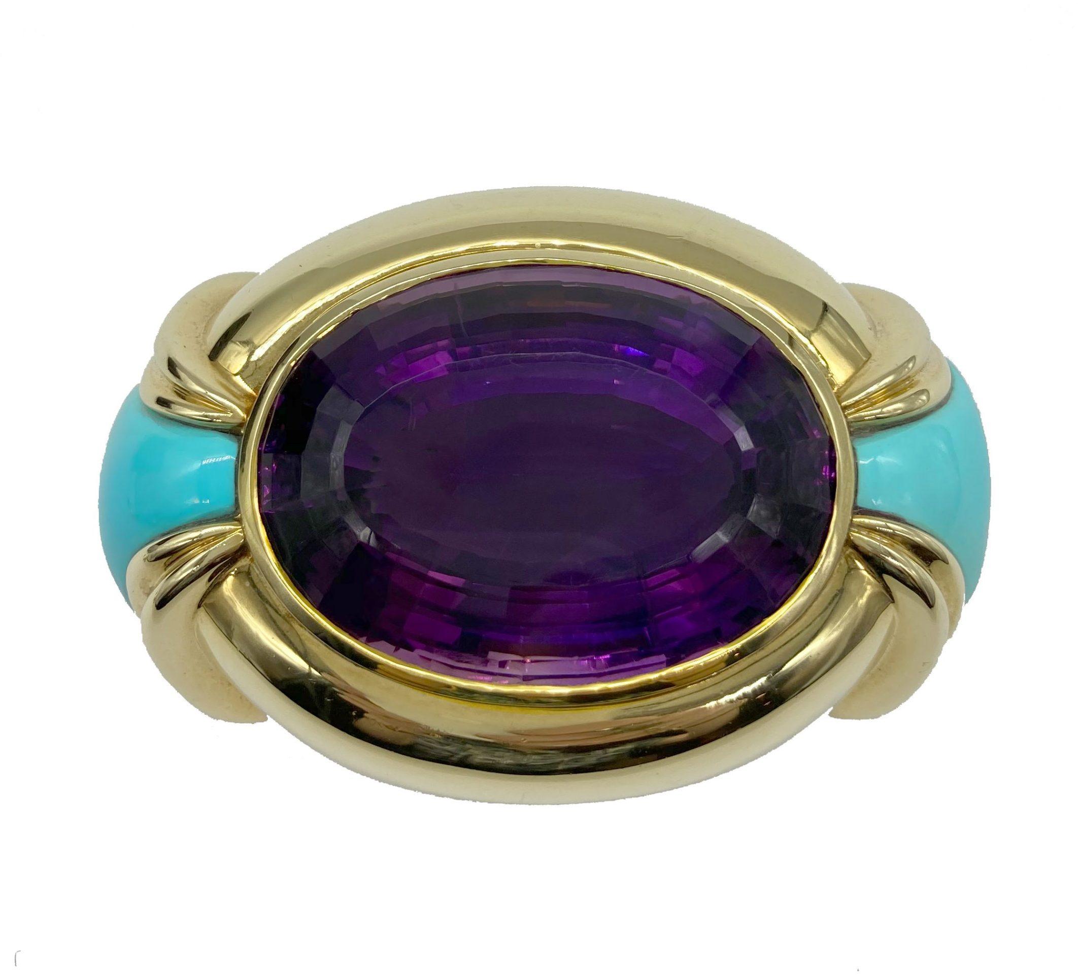 Brilliant Cut Chunky Amethyst and Turquoise Buckle For Sale