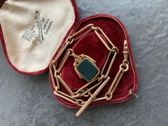 Chunky Antique 9ct Gold Trombone Link Chain Necklace with Fob Seal