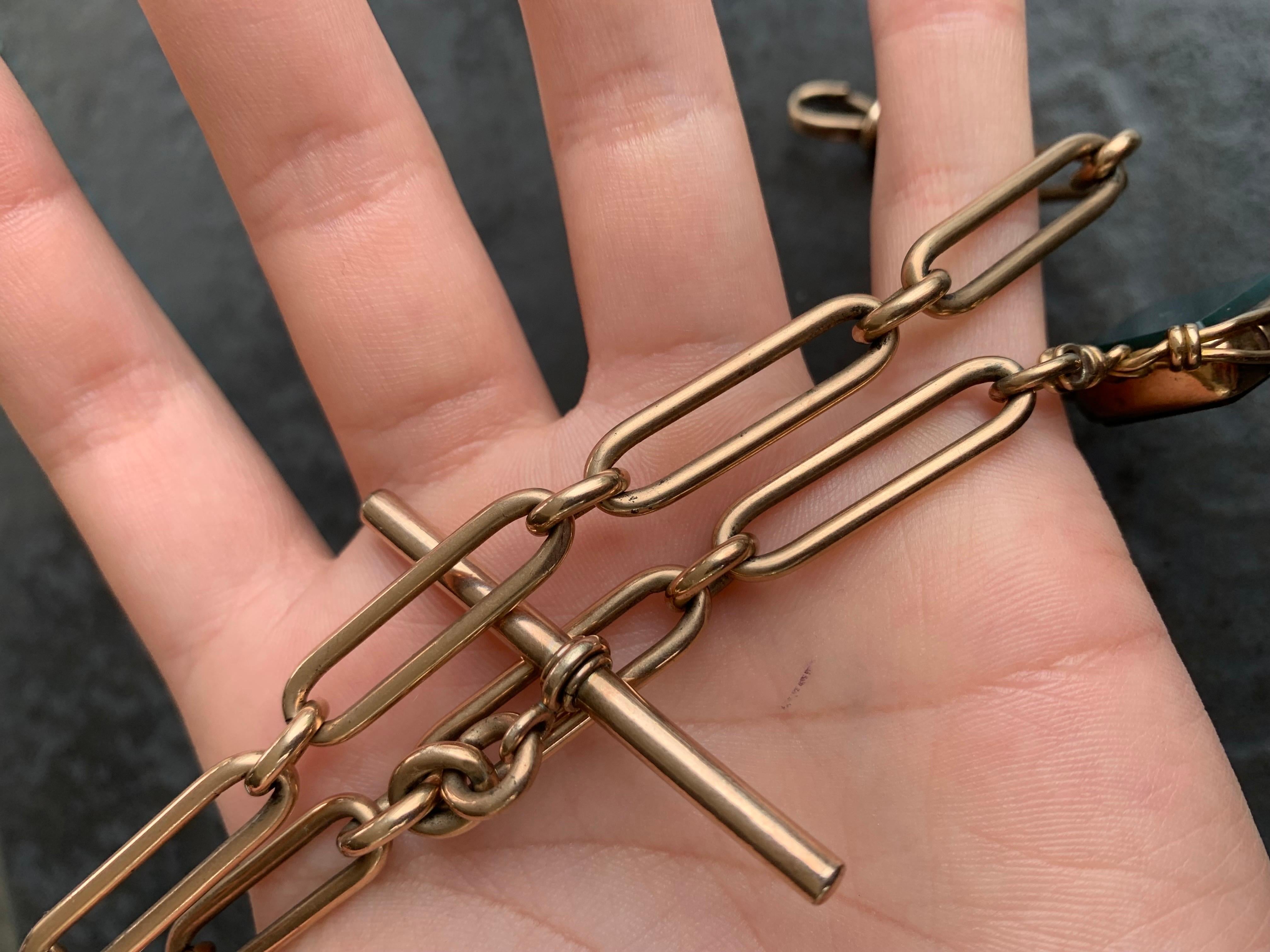 Women's or Men's Chunky Antique 9ct Gold Trombone Link Chain Necklace with Fob Seal