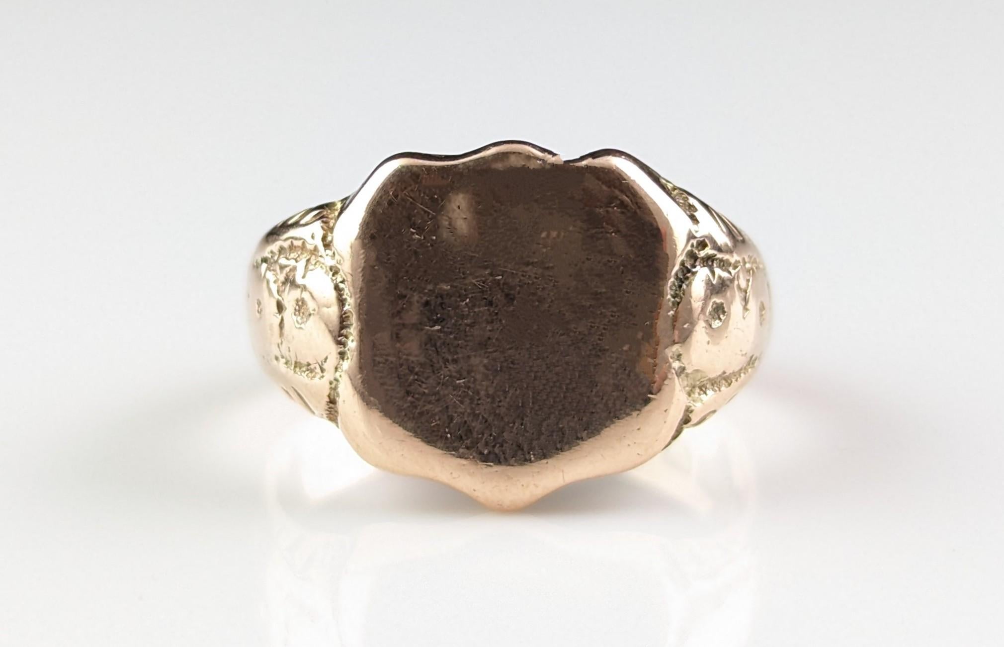 Chunky Antique 9k Rose Gold Signet Ring, Art Deco 7