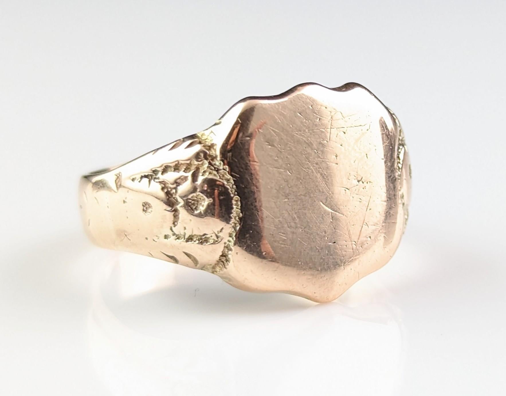Chunky Antique 9k Rose Gold Signet Ring, Art Deco 8