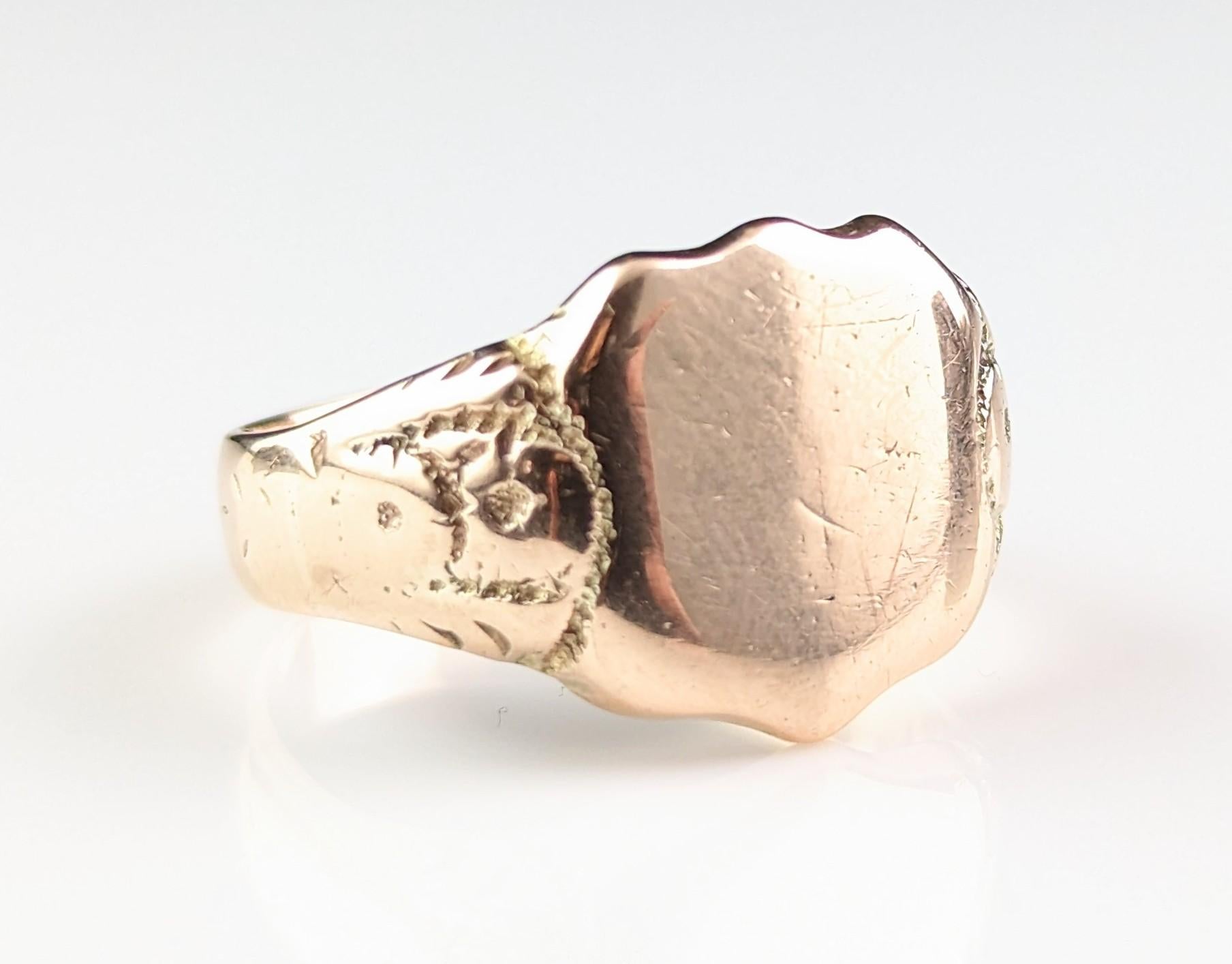 Chunky Antique 9k Rose Gold Signet Ring, Art Deco 9
