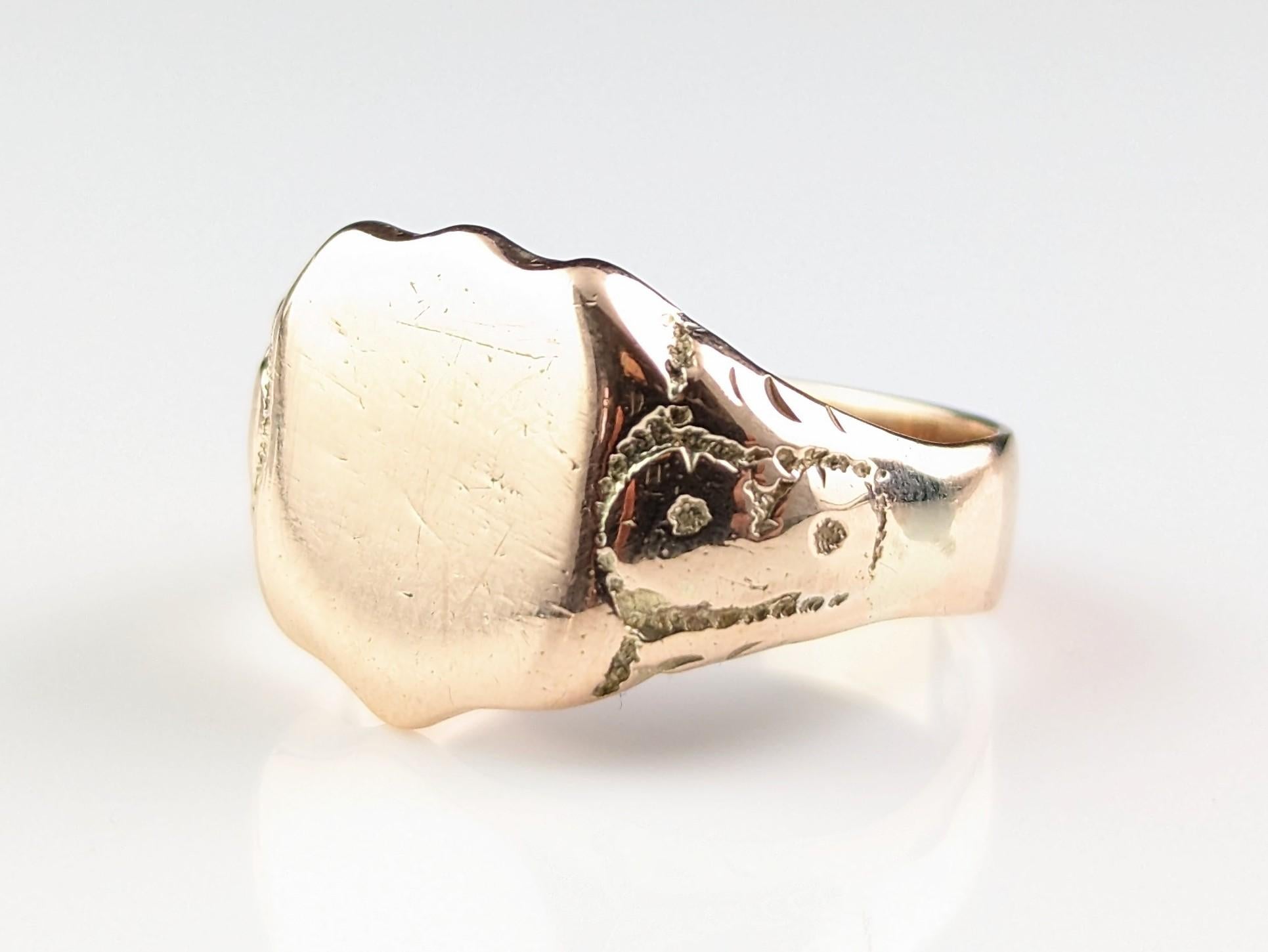 Chunky Antique 9k Rose Gold Signet Ring, Art Deco 10