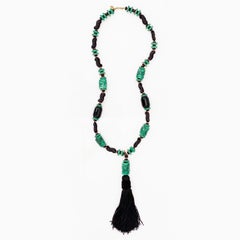 Chunky Bakelite Jade & Onyx Beaded Necklace With Silk Tassel By Miriam Haskell