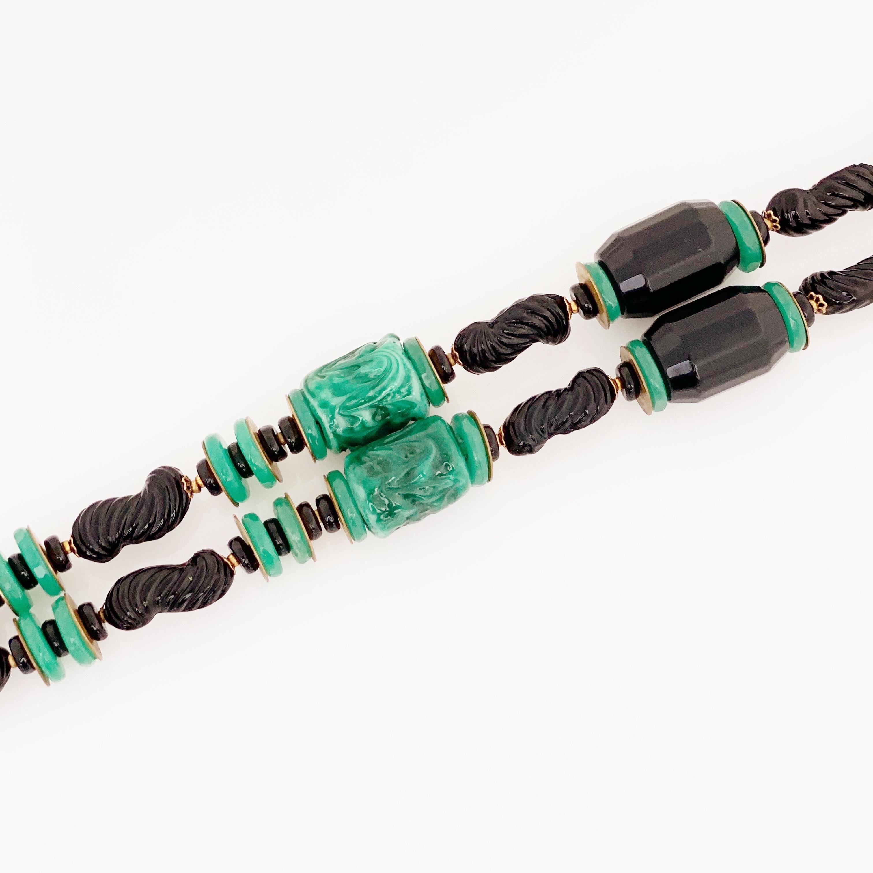 Modern Chunky Bakelite Jade & Onyx Beaded Necklace With Silk Tassel By Miriam Haskell For Sale