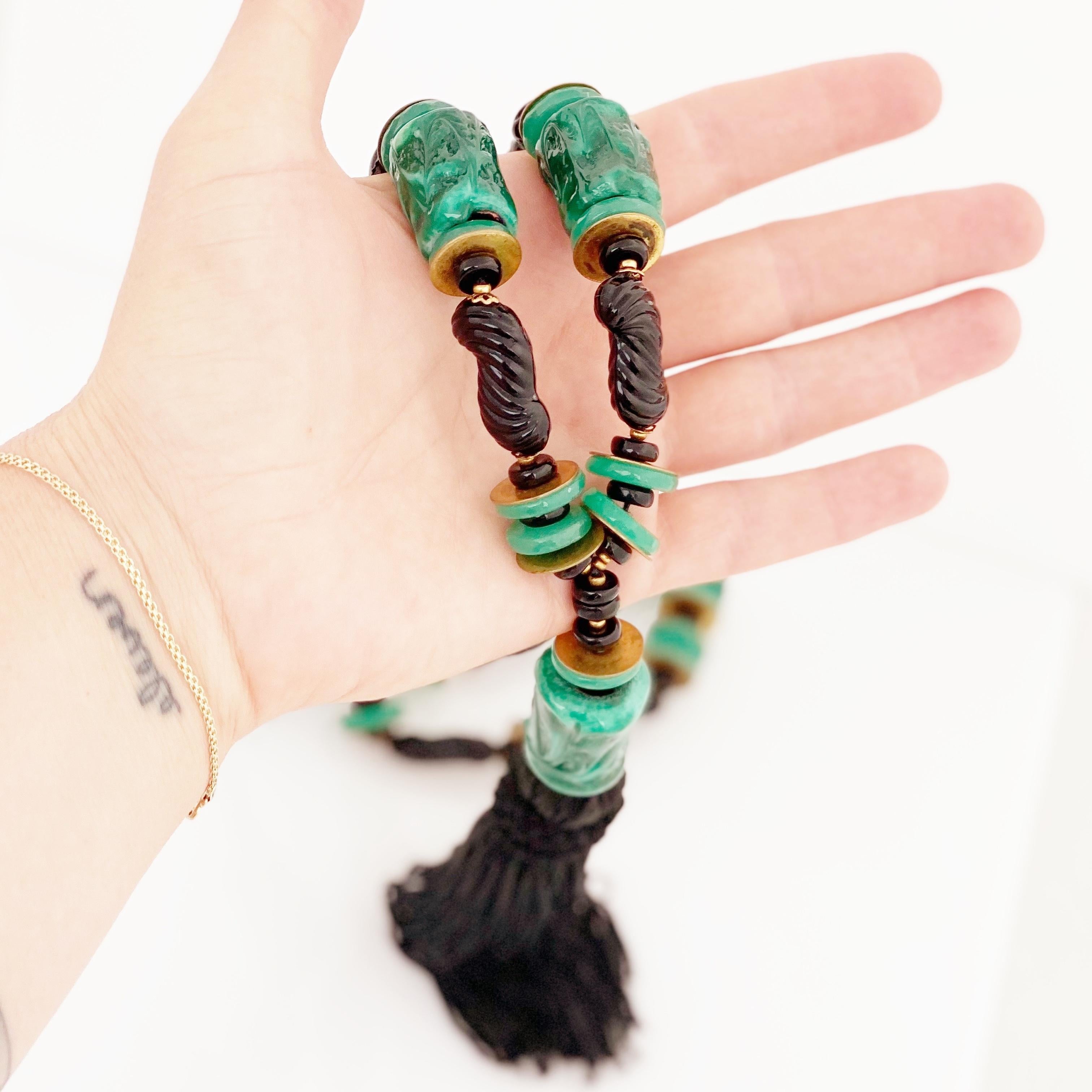 Chunky Bakelite Jade & Onyx Beaded Necklace With Silk Tassel By Miriam Haskell For Sale 1