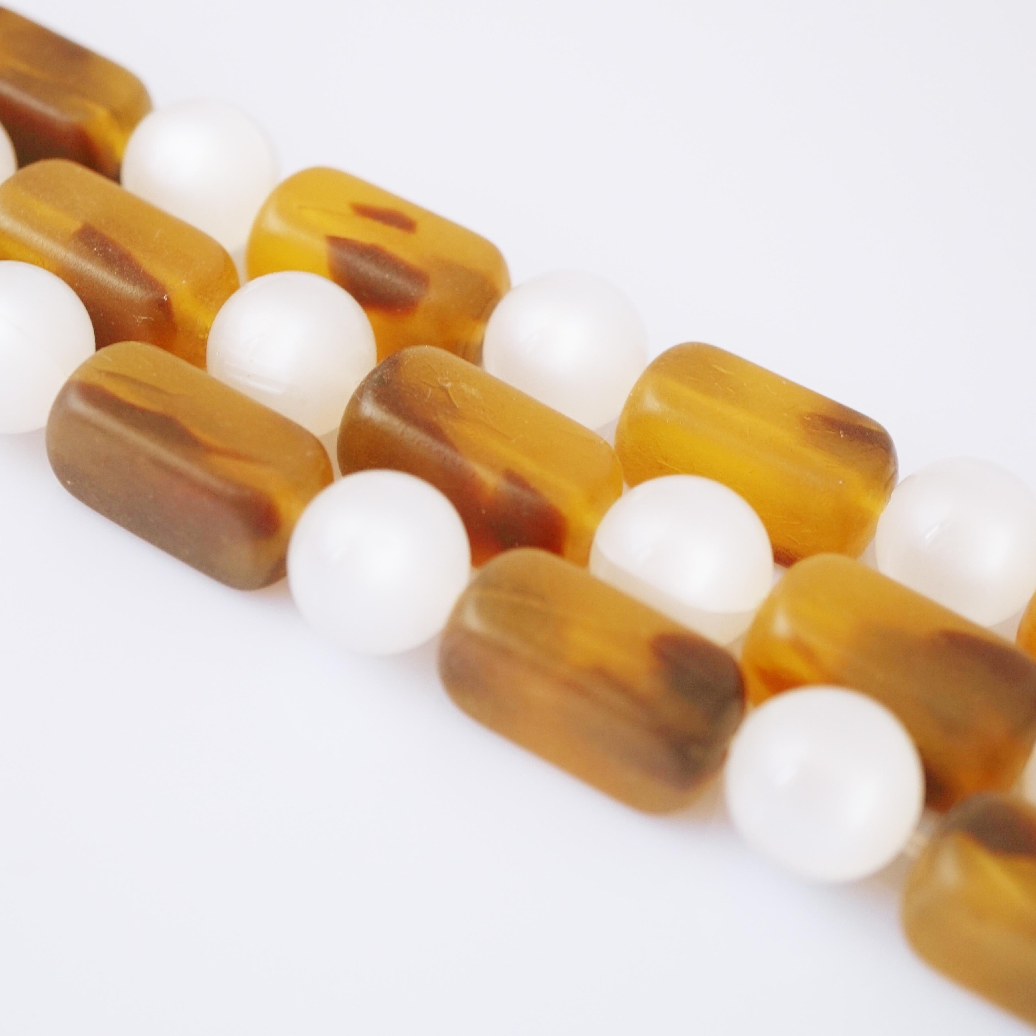 Modern Chunky Beaded Tortoise & Moonstone Three Strand Necklace By Arnold Scaasi, 1980s For Sale