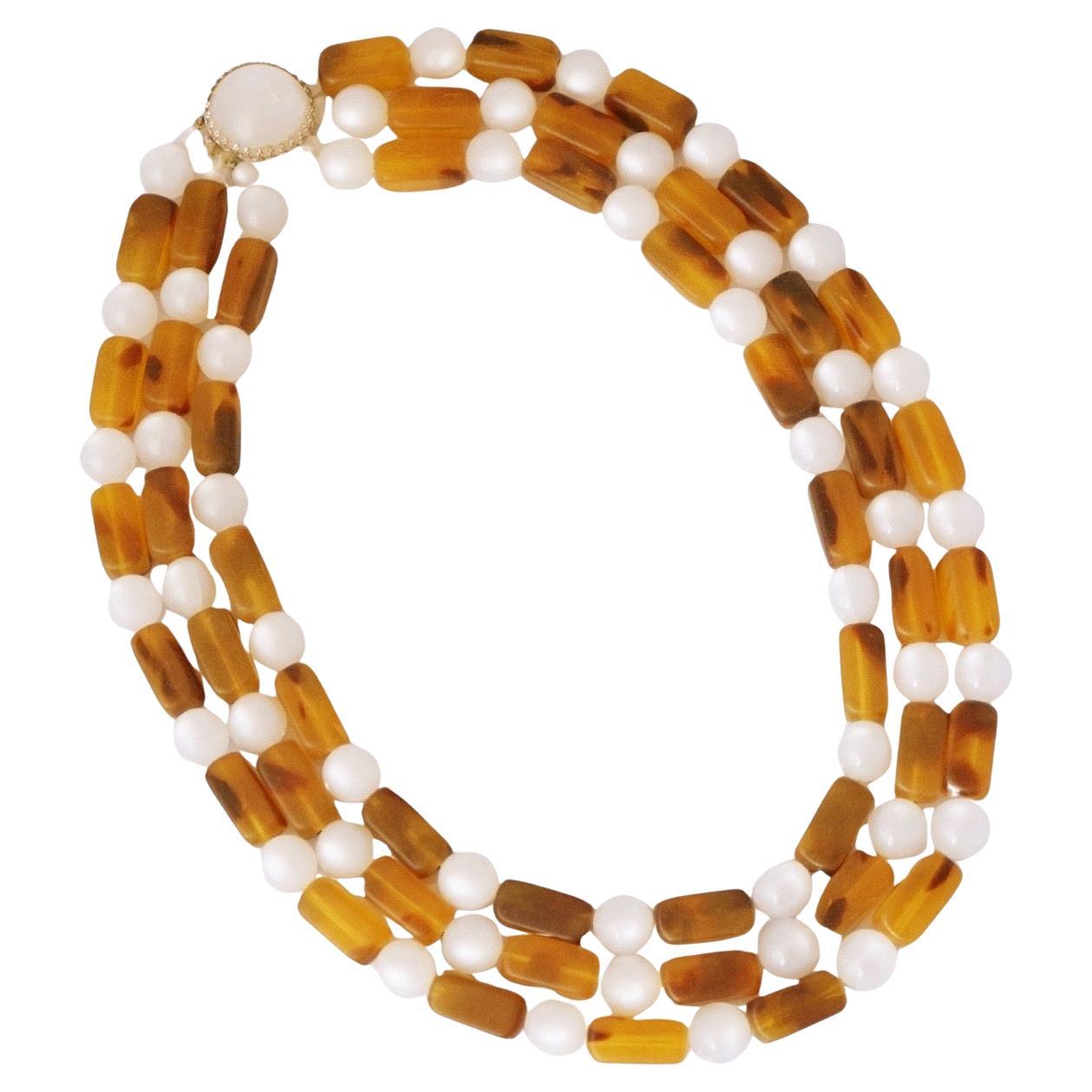 Chunky Beaded Tortoise & Moonstone Three Strand Necklace By Arnold Scaasi, 1980s For Sale