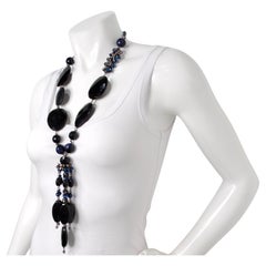 Erickson Beamon Chunky Black Gemstone & Blue Beaded Statement Drop Necklace
