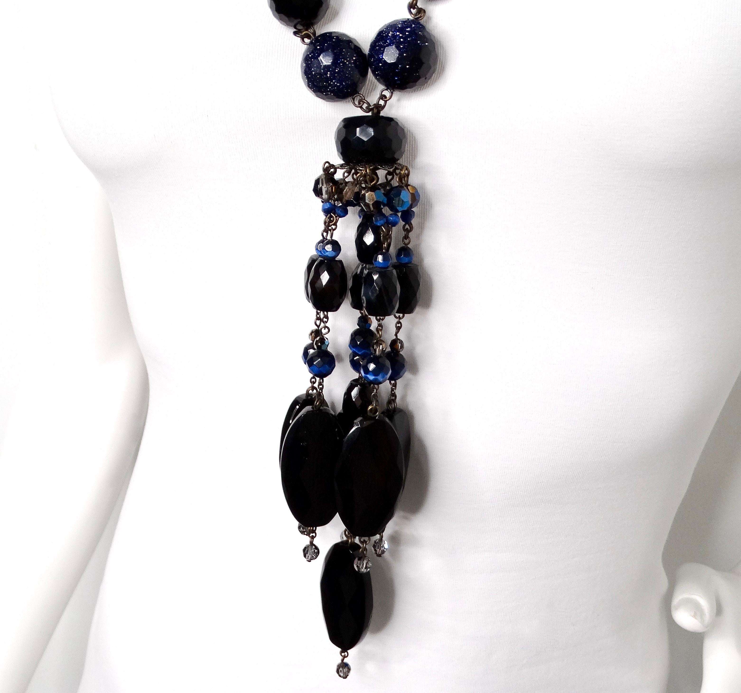Grobe schwarze Edelstein & blaue Perlen Statement Tropfen Halskette im Zustand „Relativ gut“ im Angebot in Scottsdale, AZ