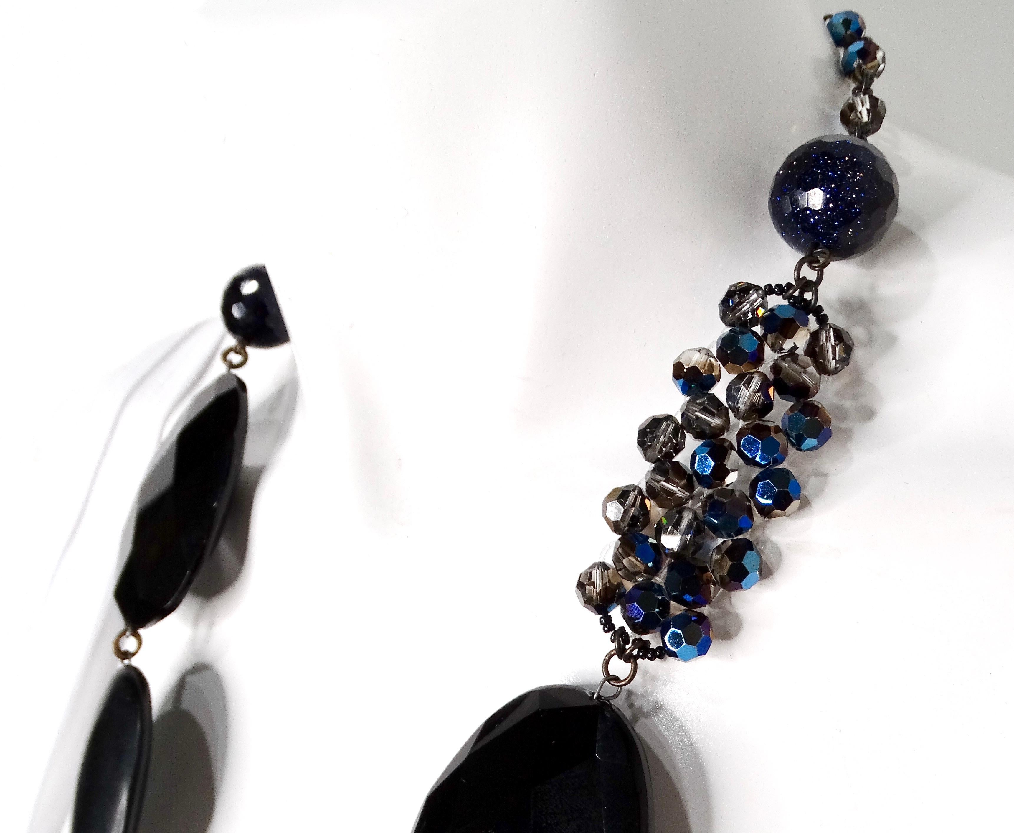 Grobe schwarze Edelstein & blaue Perlen Statement Tropfen Halskette Damen im Angebot