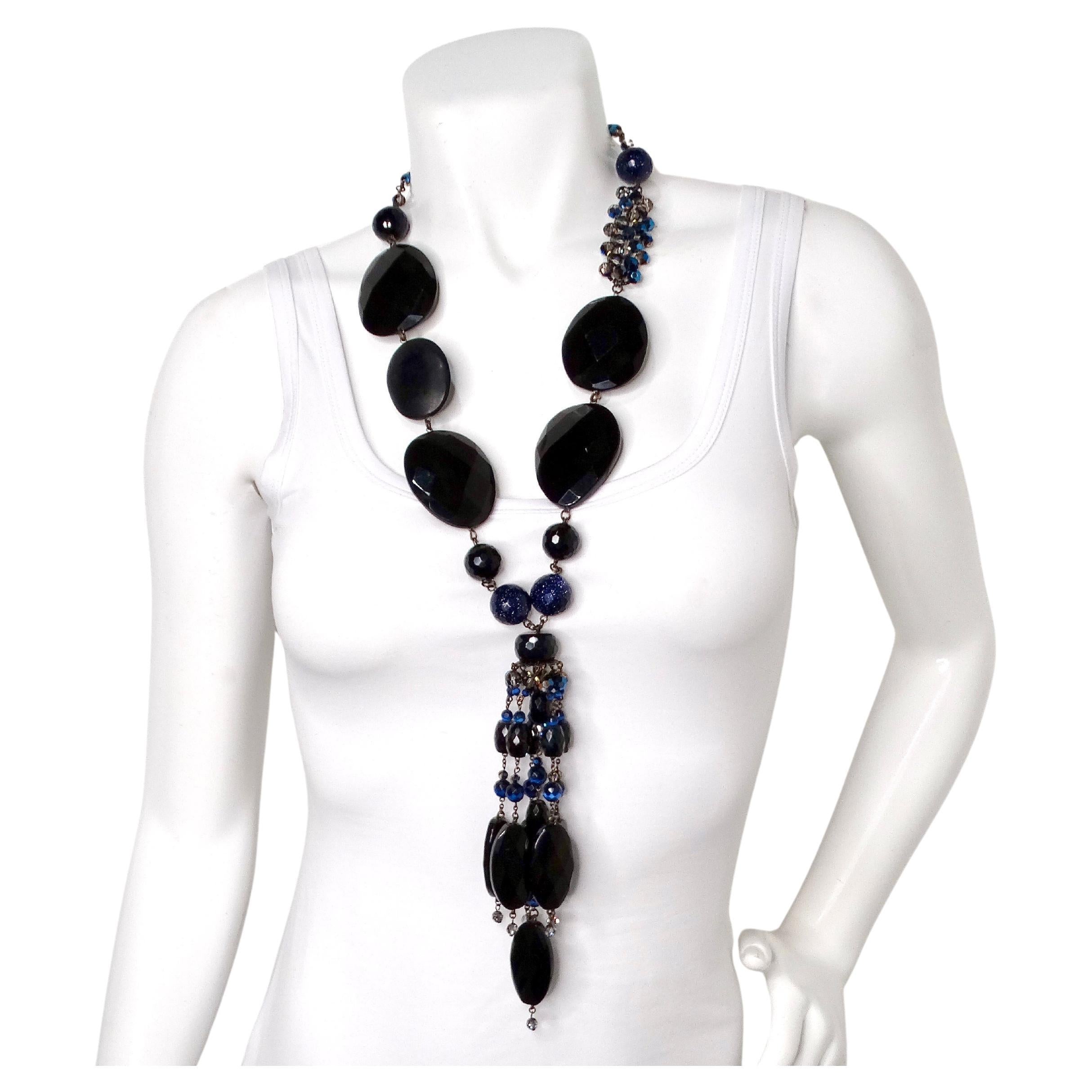 Grobe schwarze Edelstein & blaue Perlen Statement Tropfen Halskette im Angebot