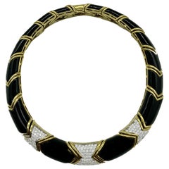 Chunky Black Onyx and Diamond Yellow Gold Necklace