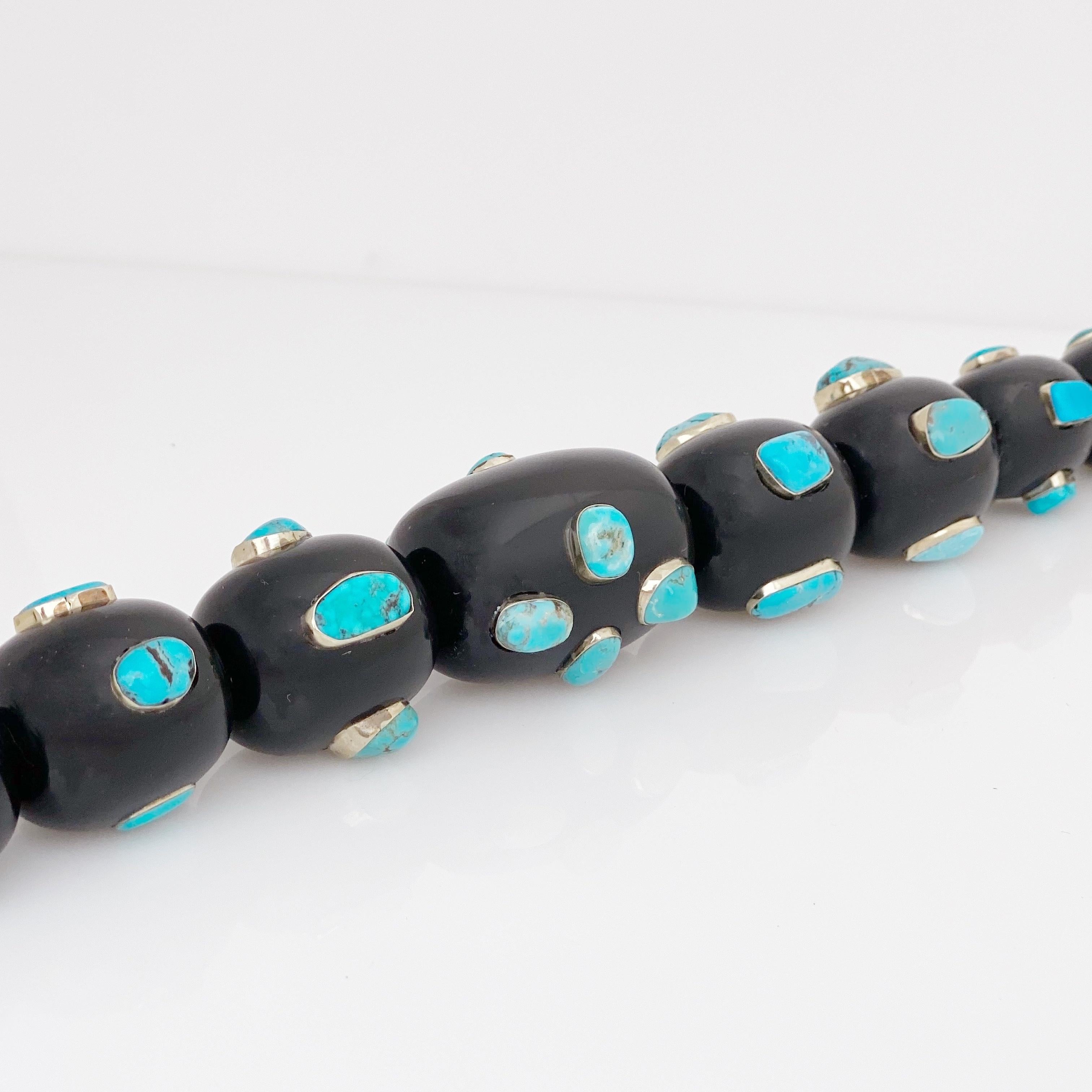 Modern Chunky Black Resin Beaded Statement Necklace With Silver Mounted Turquoise