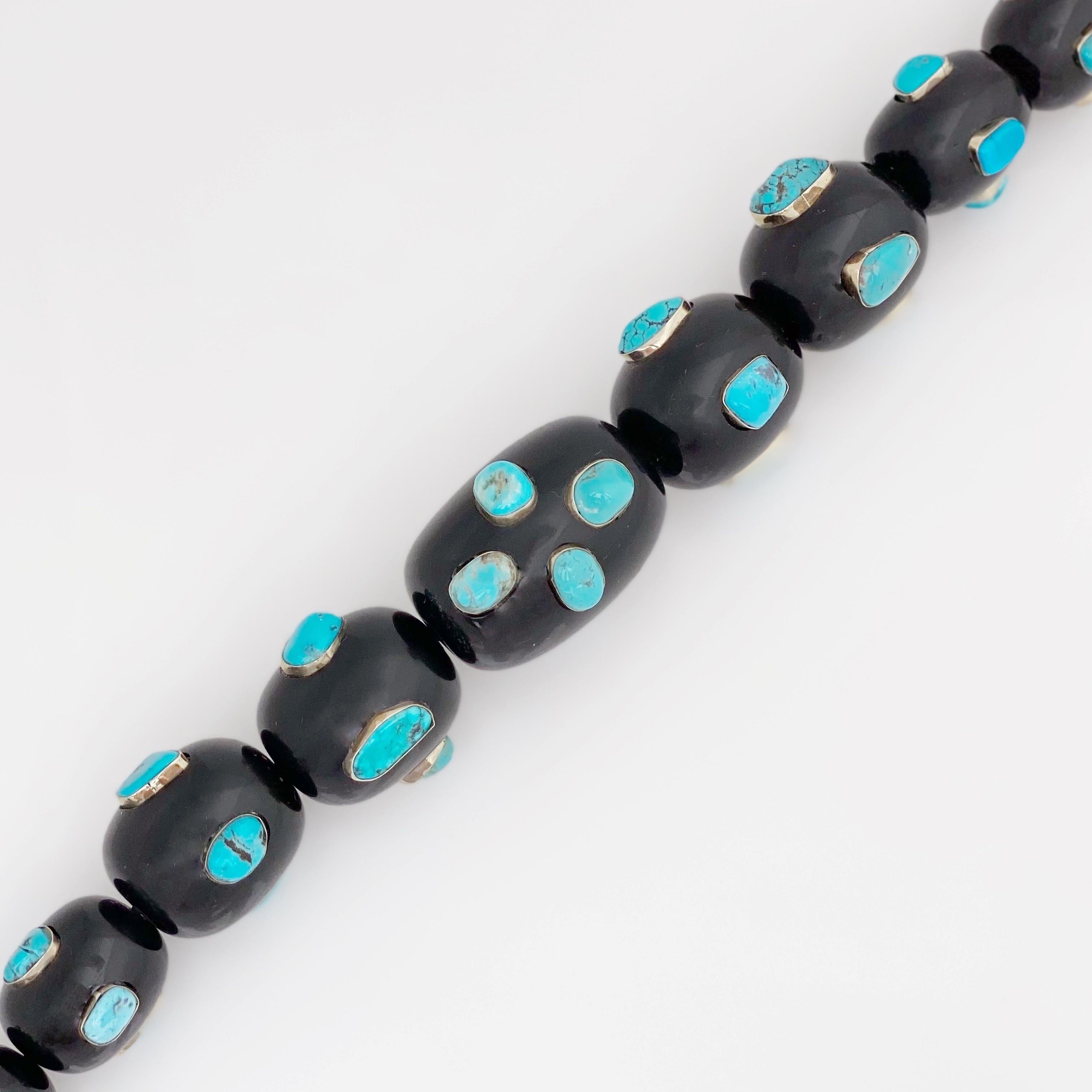 Uncut Chunky Black Resin Beaded Statement Necklace With Silver Mounted Turquoise