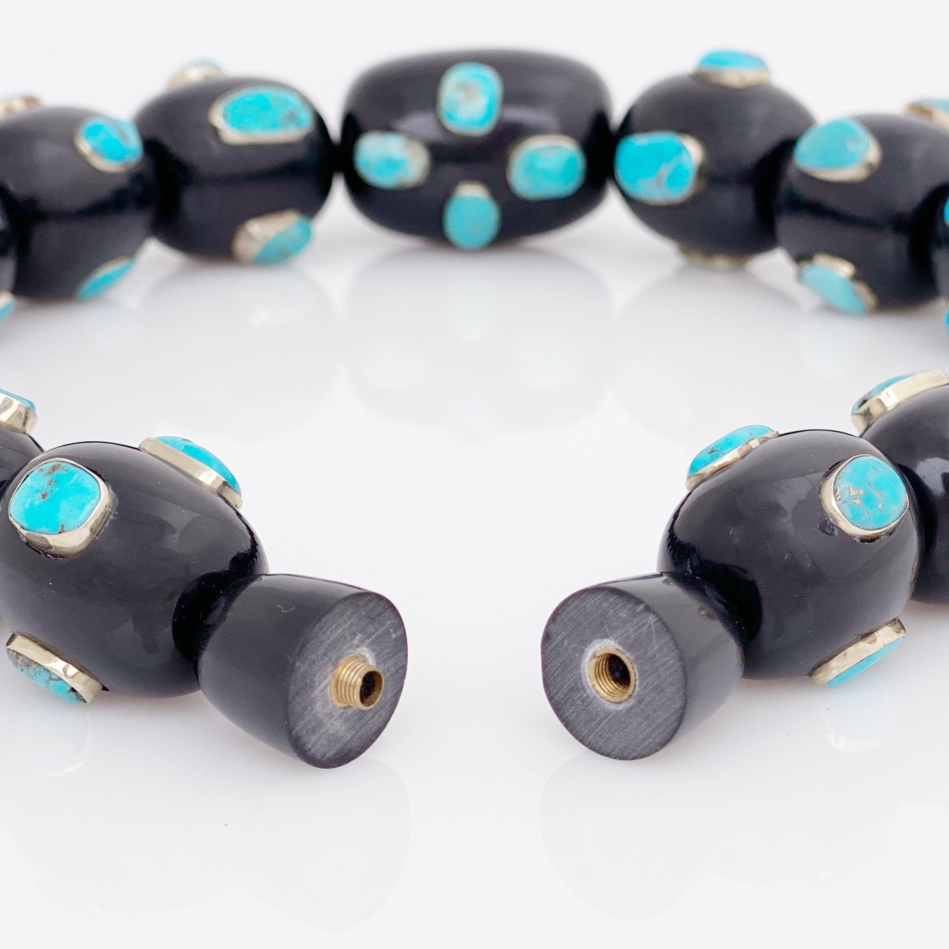 Women's Chunky Black Resin Beaded Statement Necklace With Silver Mounted Turquoise