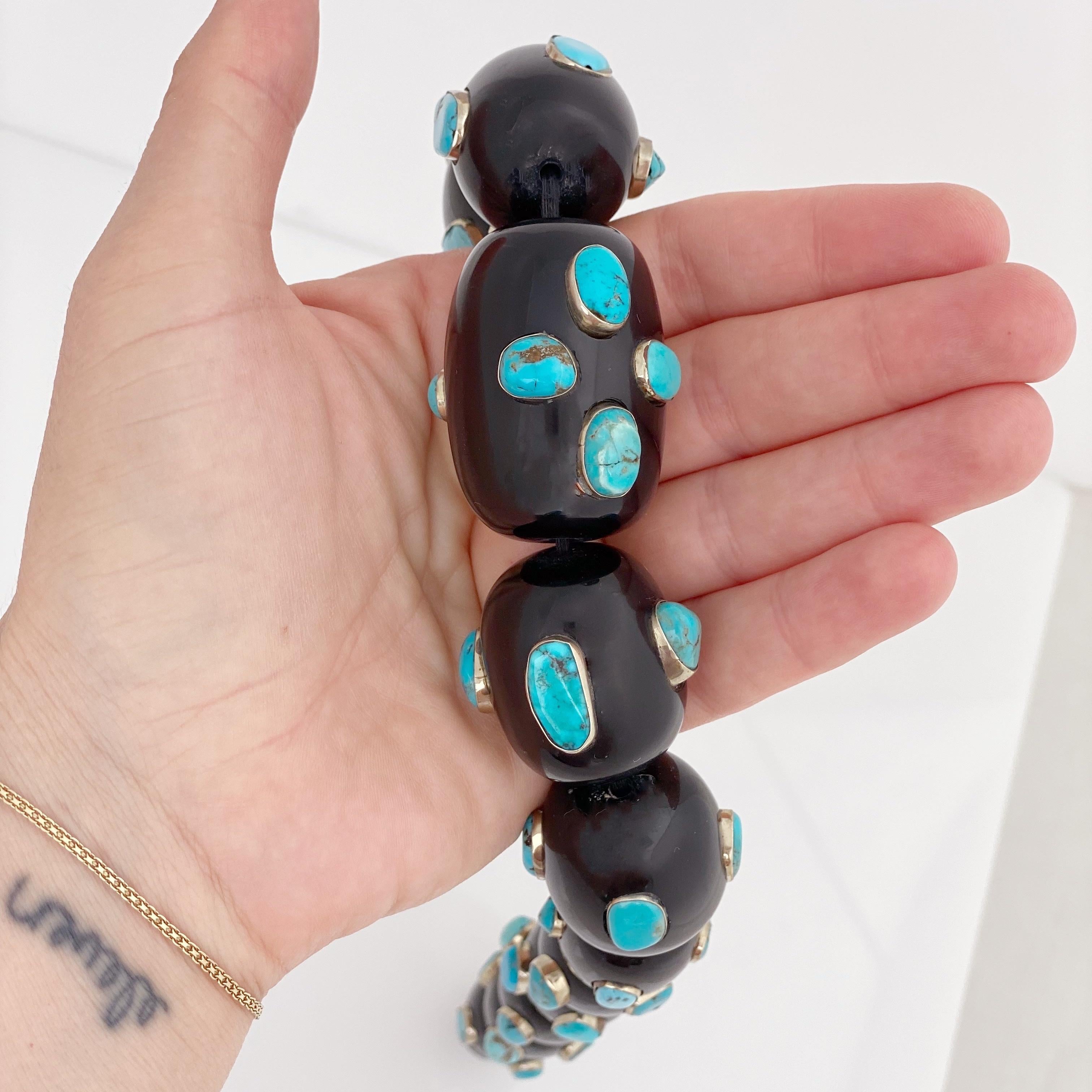 Chunky Black Resin Beaded Statement Necklace With Silver Mounted Turquoise 1