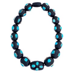 Chunky Black Resin Beaded Statement Necklace With Silver Mounted Turquoise