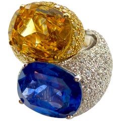 Chunky Blue and Yellow Sapphire Bypass Statement Ring with Diamonds