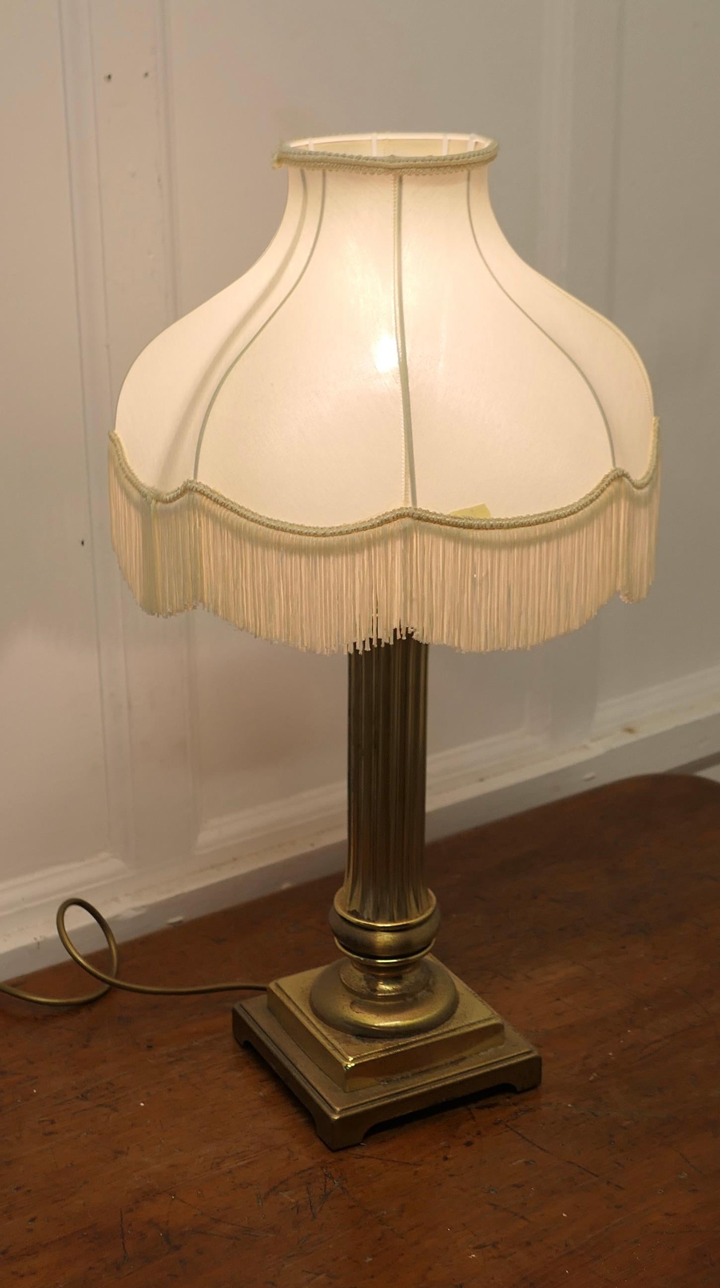 Art Deco Chunky Brass Corinthian Column Table Lamp with Shade     For Sale