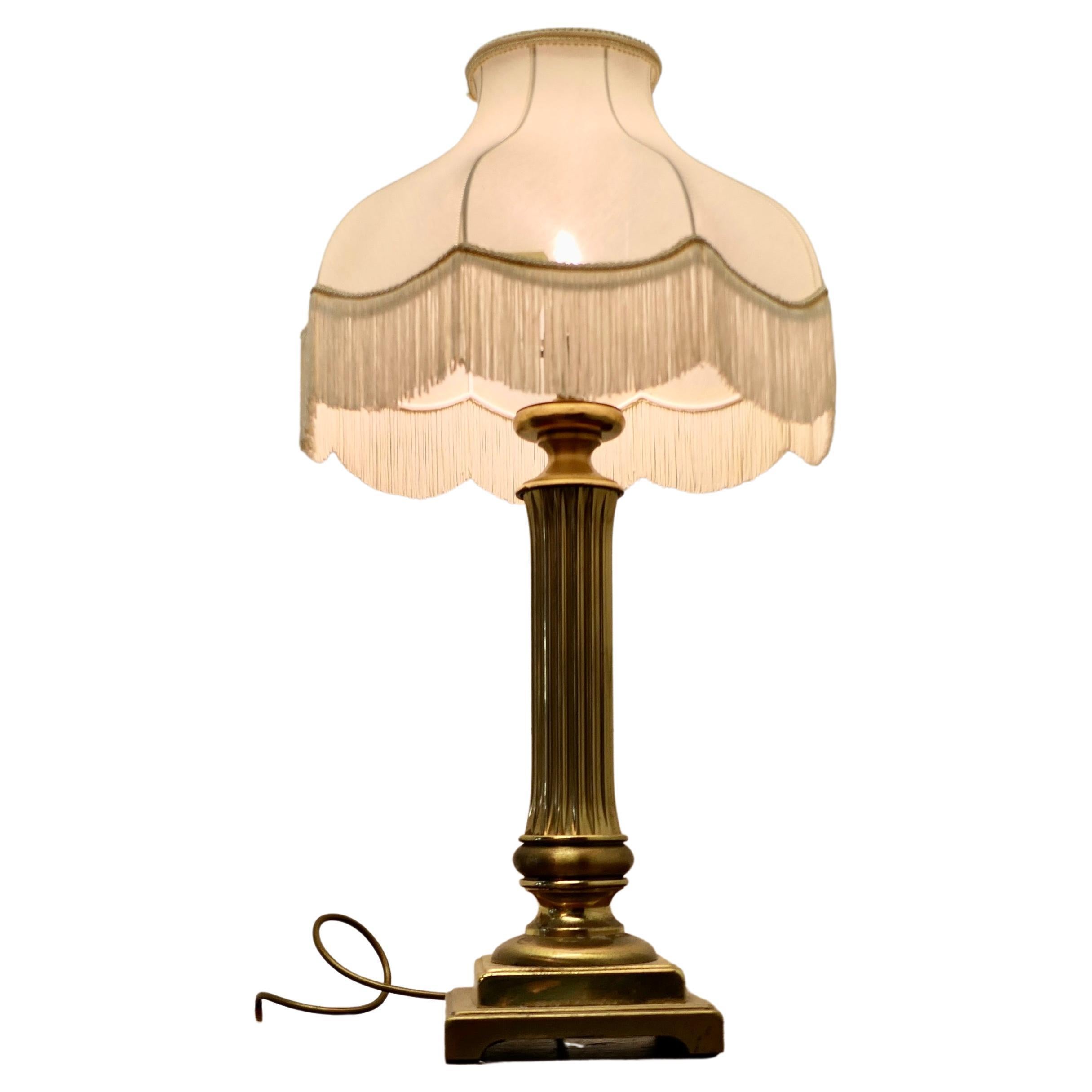 Chunky Brass Corinthian Column Table Lamp with Shade     For Sale