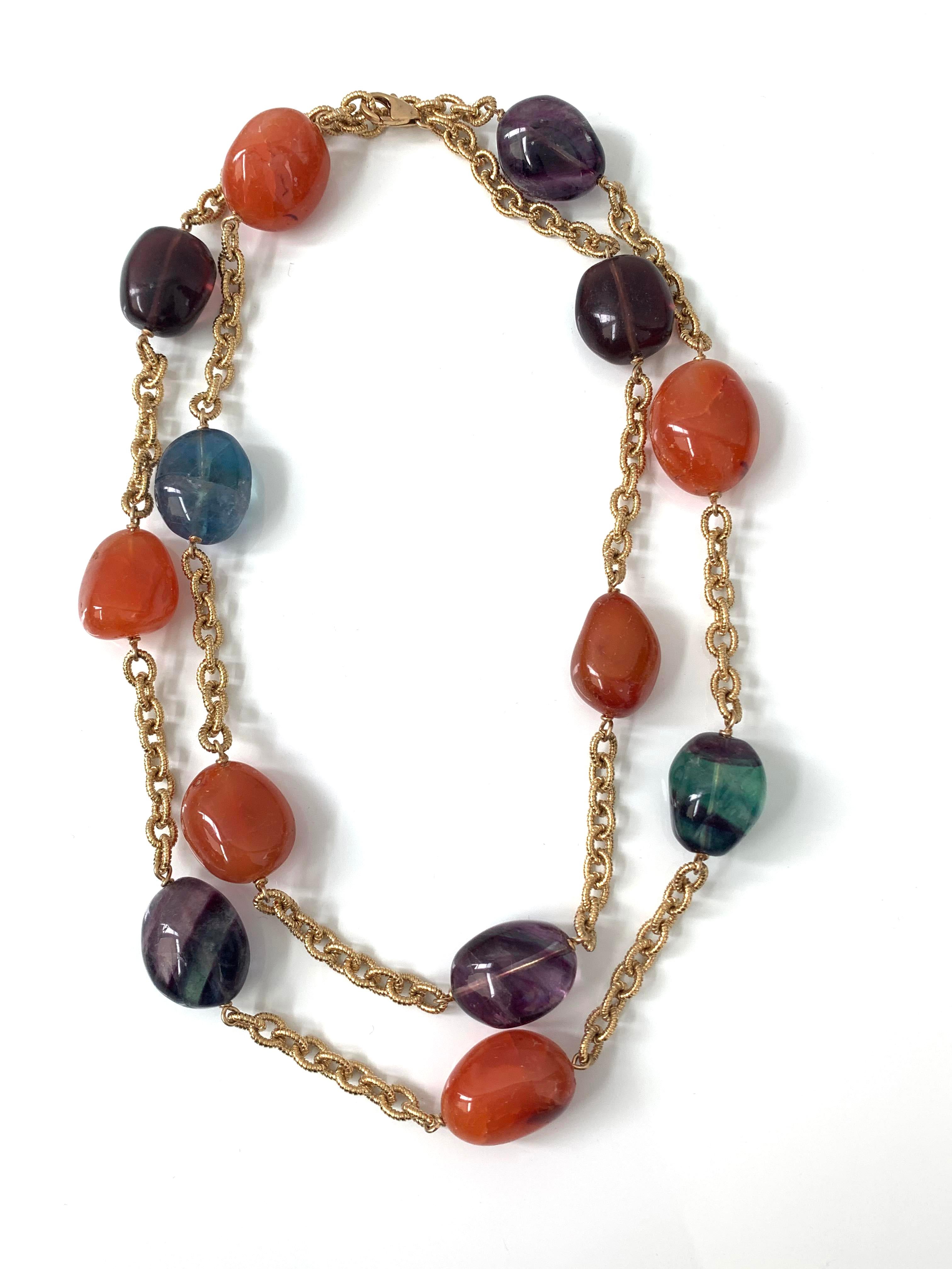 Contemporary Chunky Carnelian & Bi-color Fluorite Long Chain Station Necklace For Sale