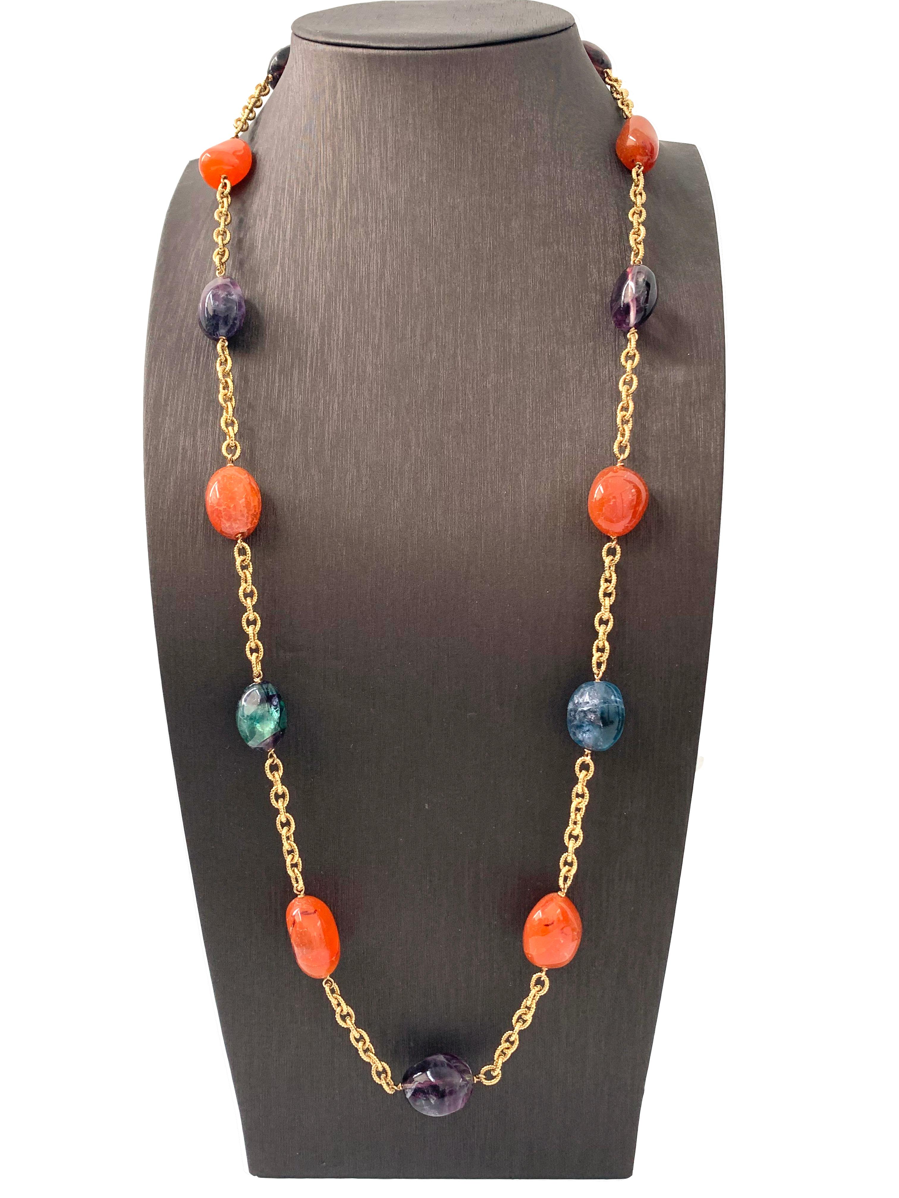 Tumbled Chunky Carnelian & Bi-color Fluorite Long Chain Station Necklace For Sale